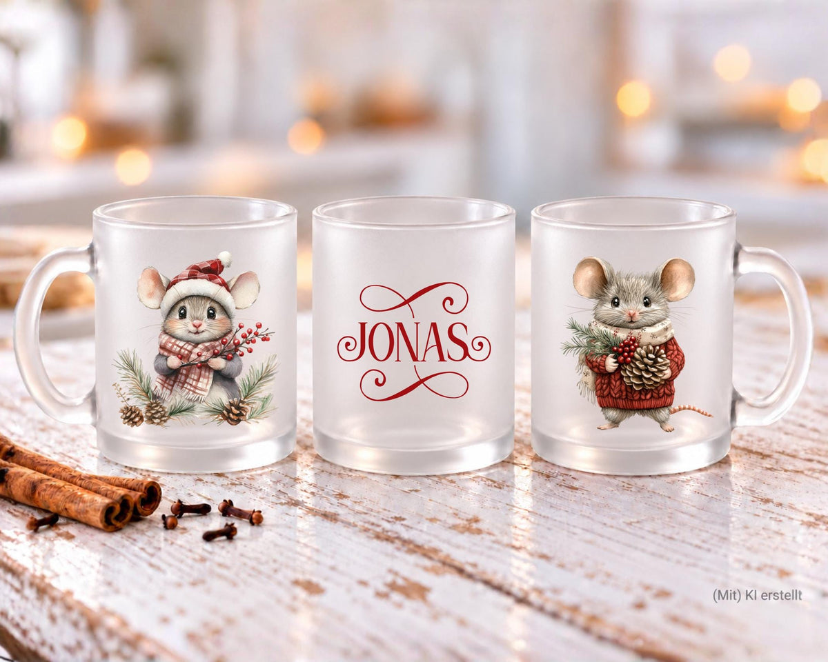 Personalisierte satinierte Glastasse | niedliche Mäuse und dein Name | Teetasse | 24 Motive zur Auswahl