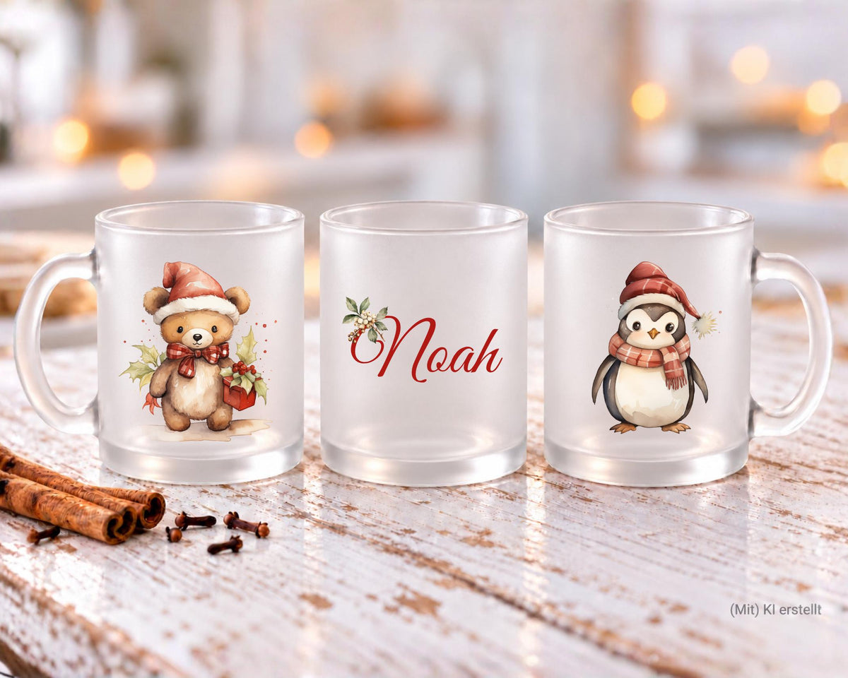 Personalisierte satinierte Glastasse | niedliche Weihnachtsmotive und dein Name | Teetasse
