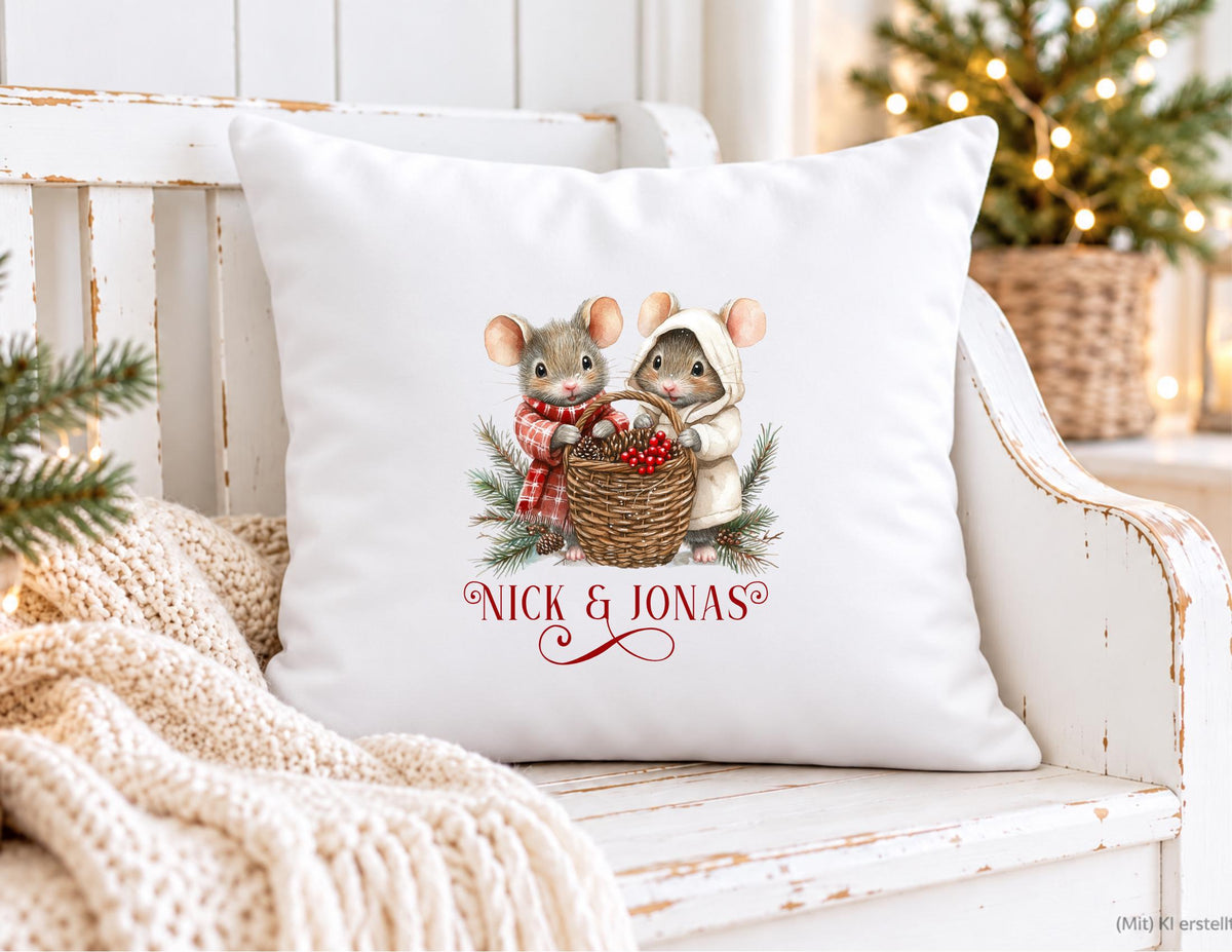 Personalisierbares Weihnachtskissen mit süßen Mäusen – Geschenk mit Namen & Wunschmotiv | Kissen mit Füllung | 24 Motive zur Auswahl
