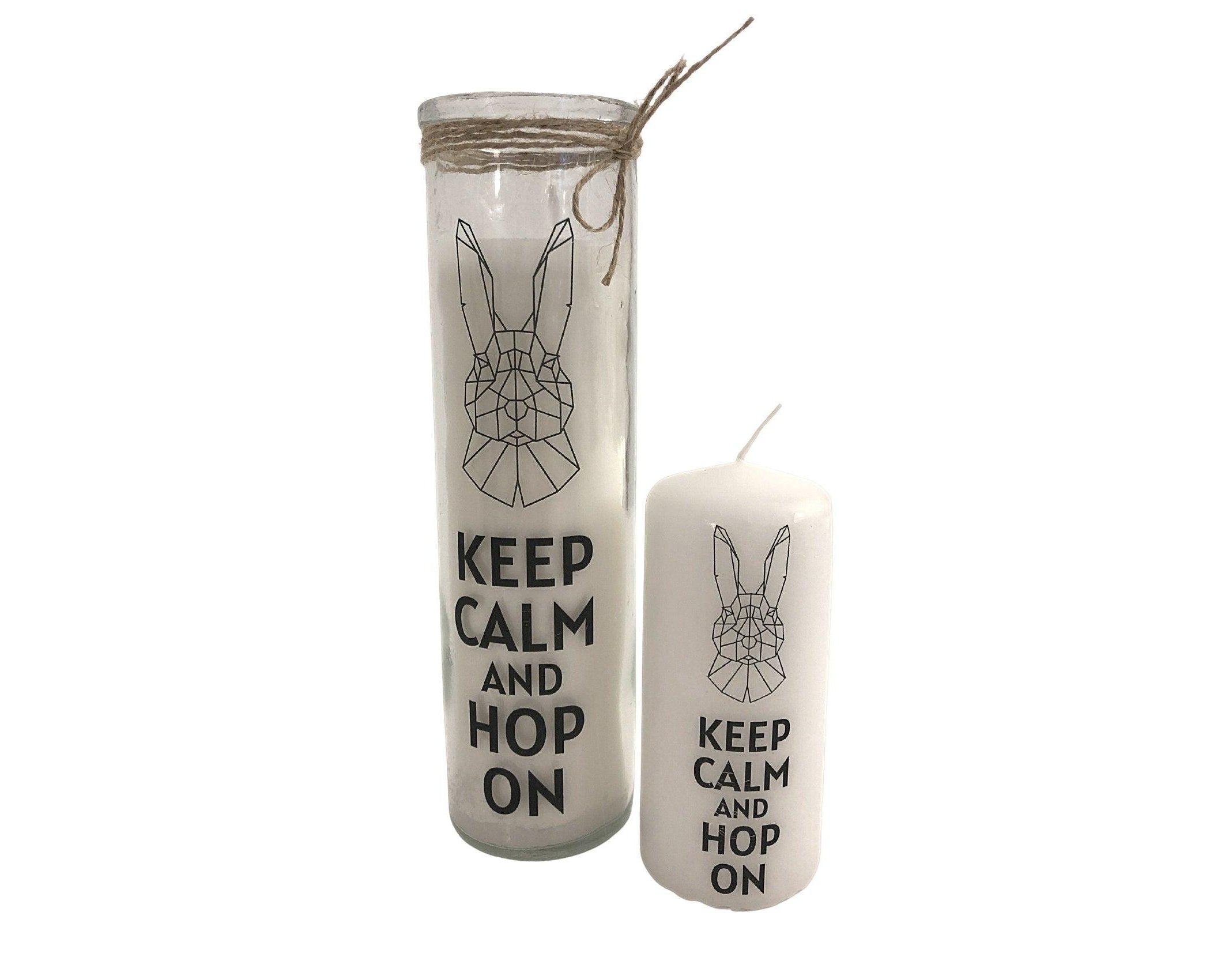 Oster Kerze im Glas | schlankes Glas | Keep calm and hop on | Kerzen mit Botschaft | Skandi Deko | Geschenkidee Ostern Hase Origami - Roo's Gift Shop