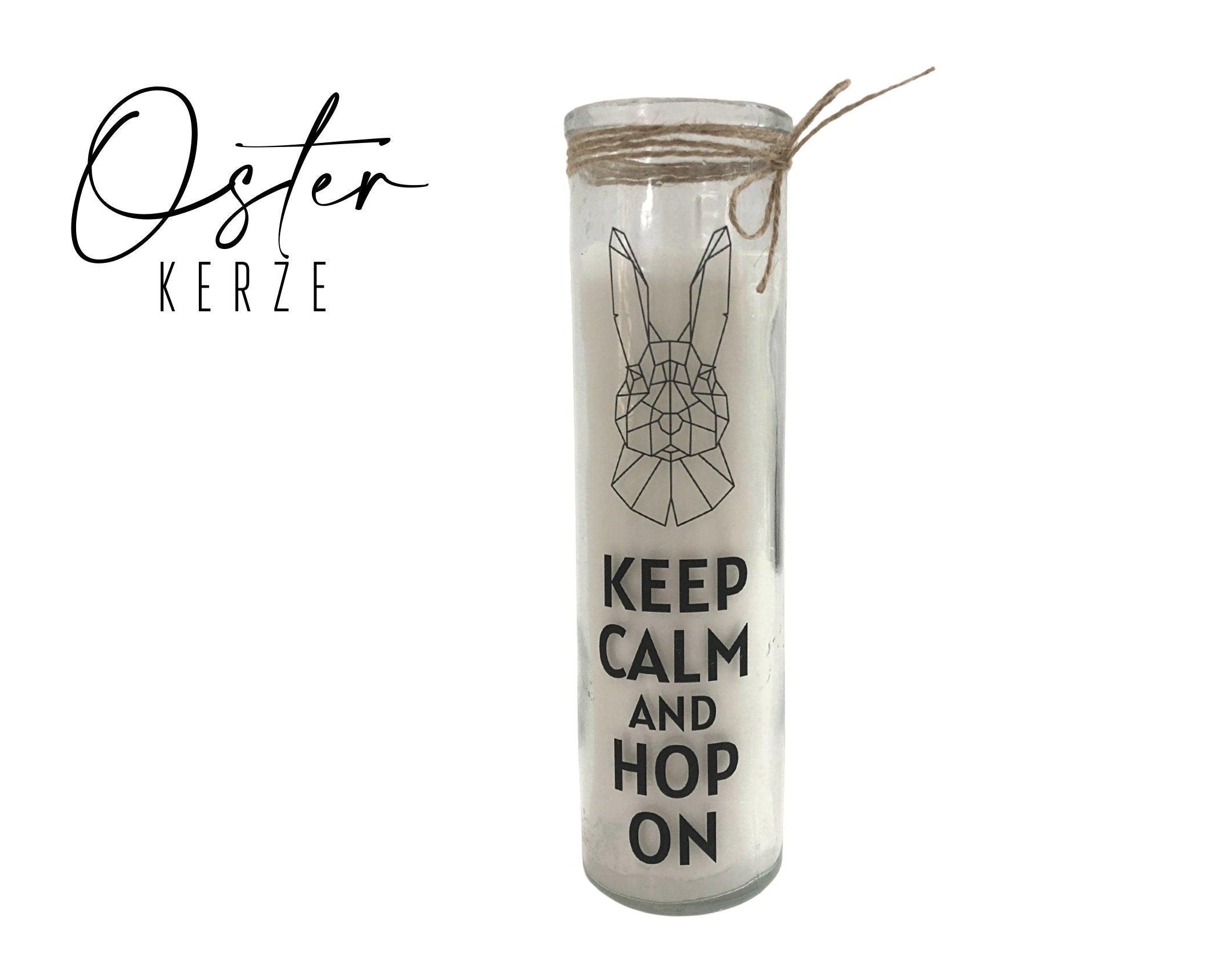 Oster Kerze im Glas | schlankes Glas | Keep calm and hop on | Kerzen mit Botschaft | Skandi Deko | Geschenkidee Ostern Hase Origami - Roo's Gift Shop