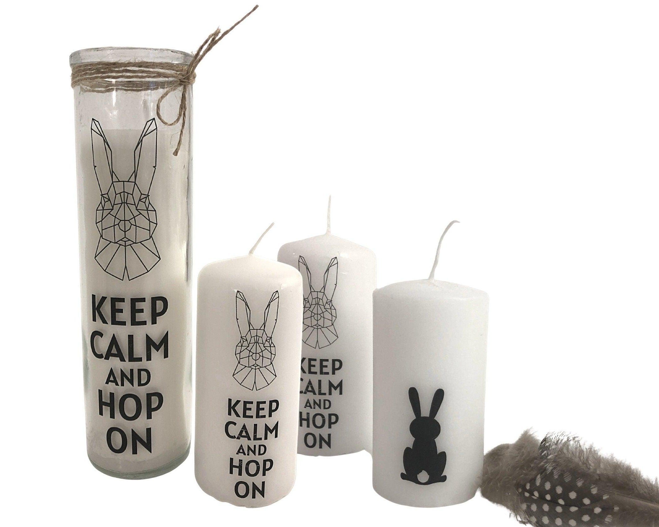 Oster Kerze im Glas | schlankes Glas | Keep calm and hop on | Kerzen mit Botschaft | Skandi Deko | Geschenkidee Ostern Hase Origami - Roo's Gift Shop