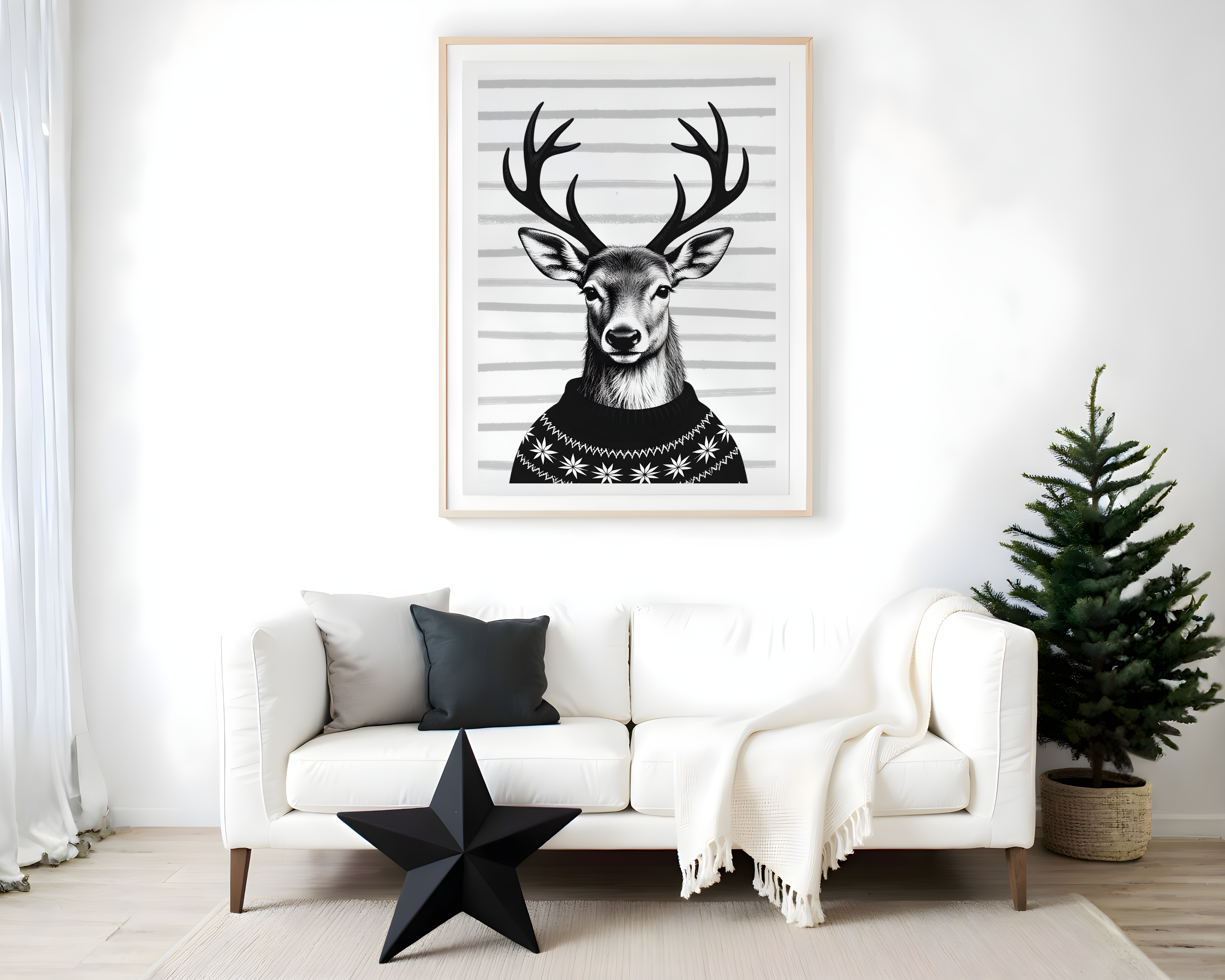 Poster Weihnachten - Rentier in schwarz weiß | minimalistische Grafik | Skandi Style | digitaler download Roo's Gift Shop