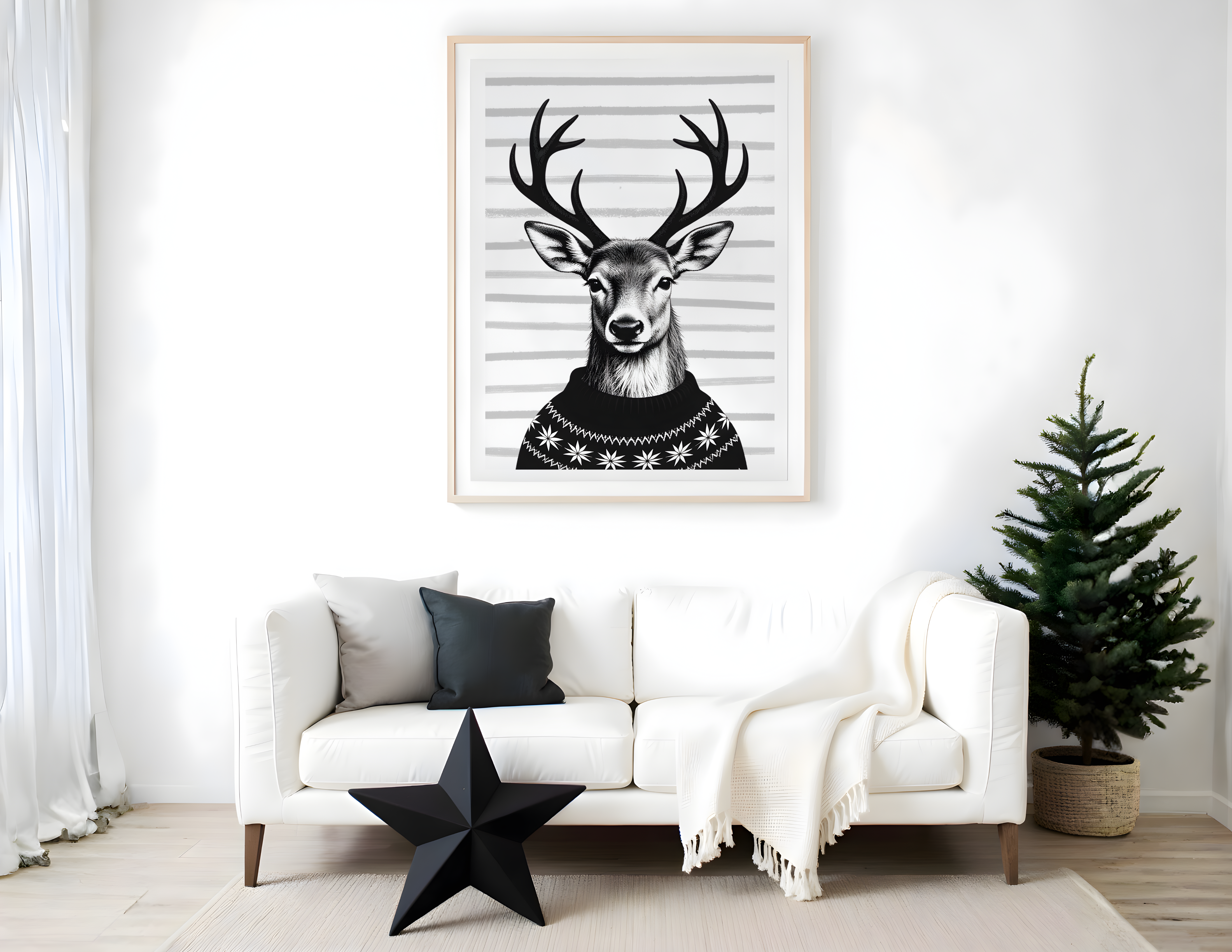 Poster Weihnachten - Rentier in schwarz weiß | minimalistische Grafik | Skandi Style | digitaler download Roo's Gift Shop