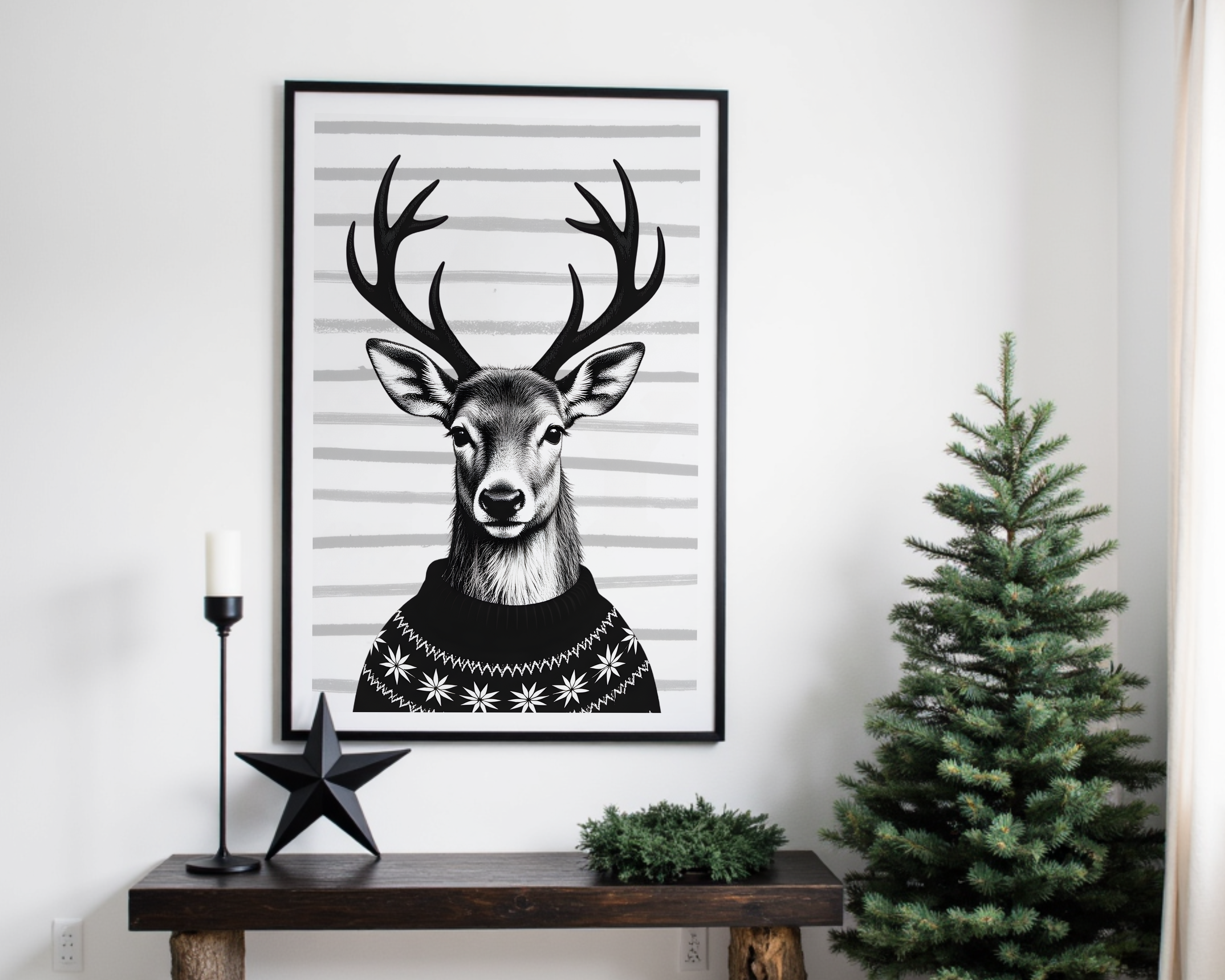 Poster Weihnachten - Rentier in schwarz weiß | minimalistische Grafik | Skandi Style | digitaler download Roo's Gift Shop