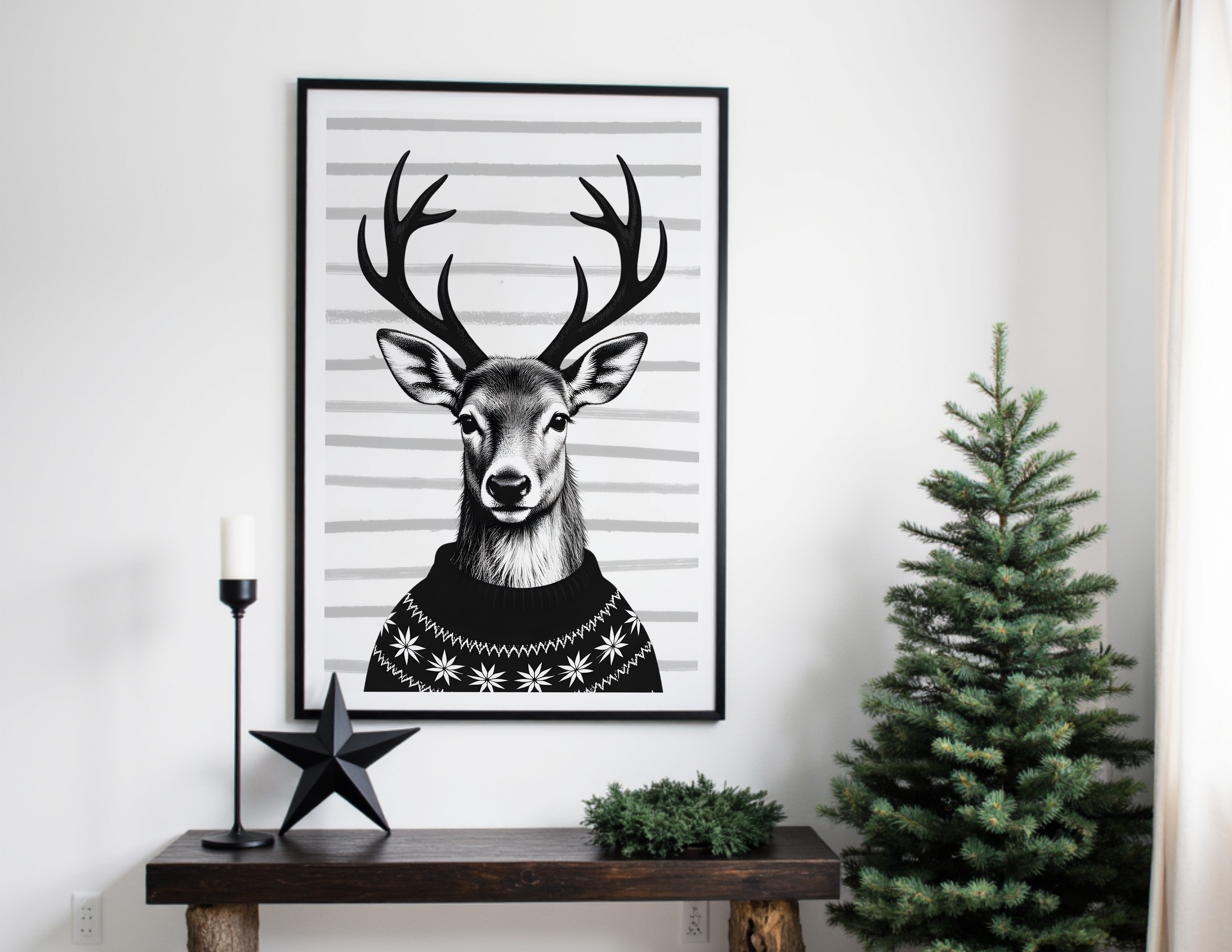Poster Weihnachten - Rentier in schwarz weiß | minimalistische Grafik | Skandi Style | digitaler download Roo's Gift Shop