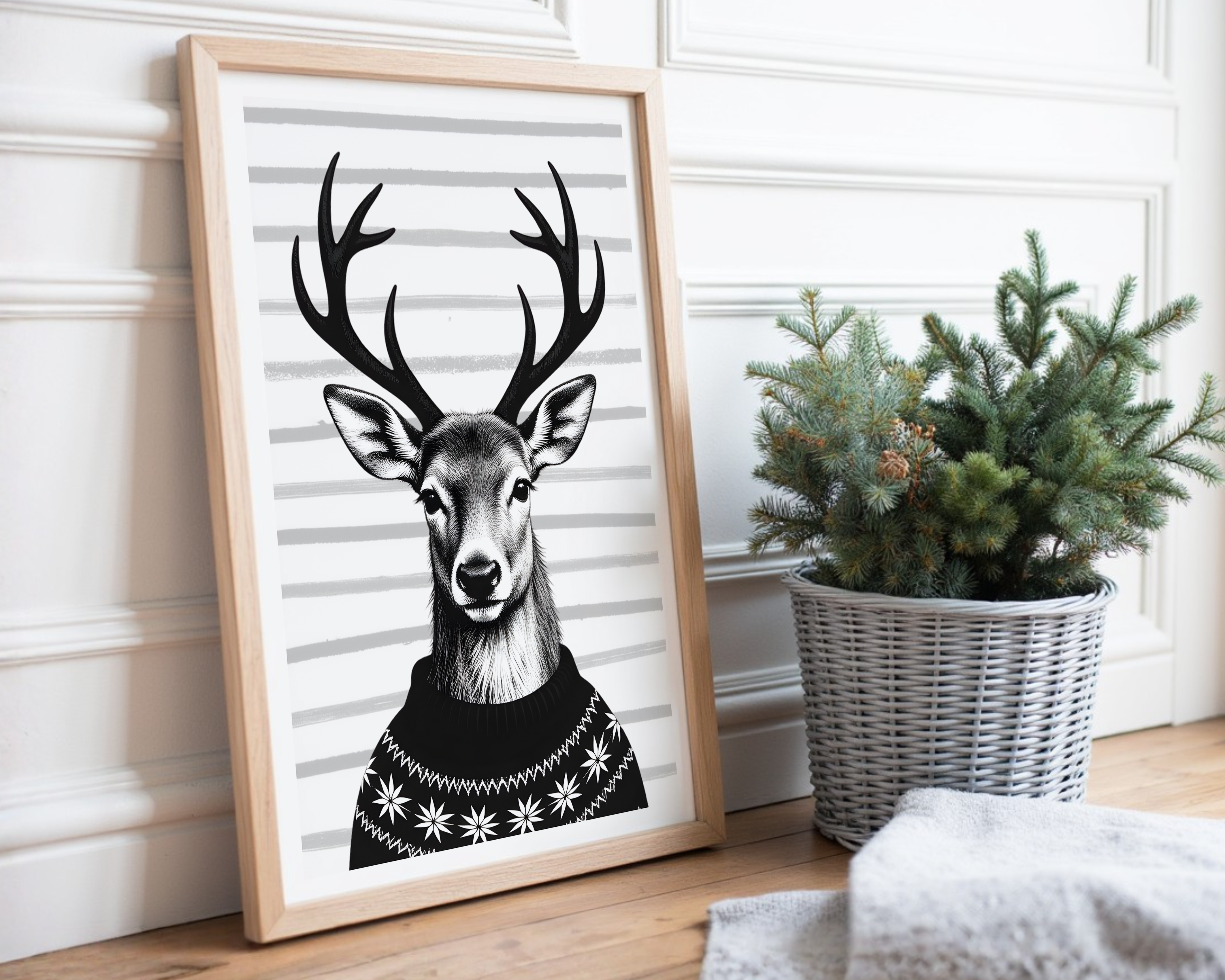 Poster Weihnachten - Rentier in schwarz weiß | minimalistische Grafik | Skandi Style | digitaler download Roo's Gift Shop