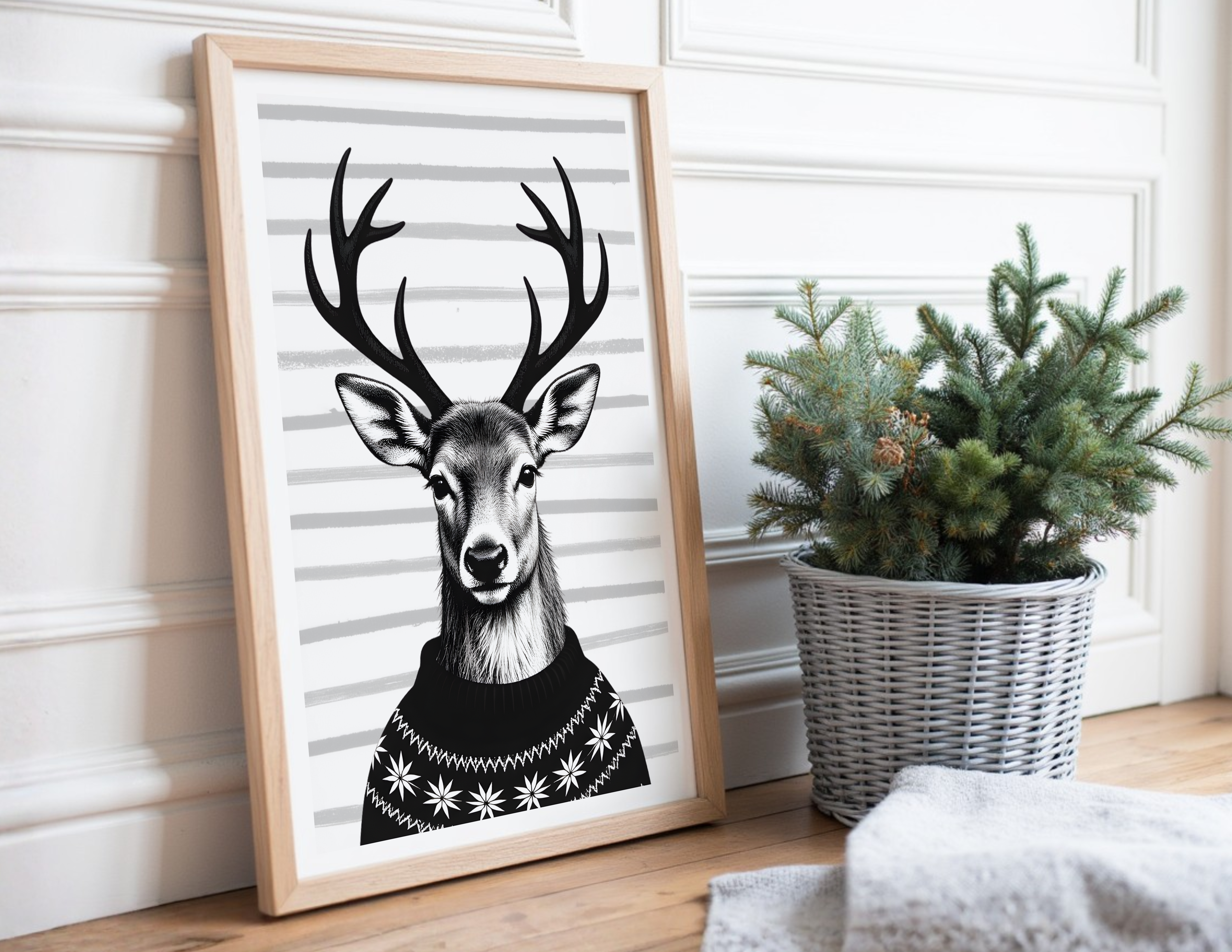 Poster Weihnachten - Rentier in schwarz weiß | minimalistische Grafik | Skandi Style | digitaler download Roo's Gift Shop