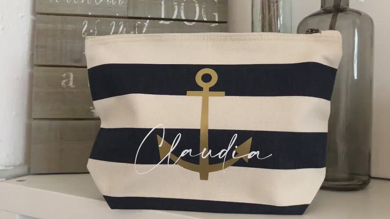 Maritime Kosmetiktasche | personalisierte Schminktasche | Kulturbeutel | goldene Schrift | Täschchen Necessaire nautisch