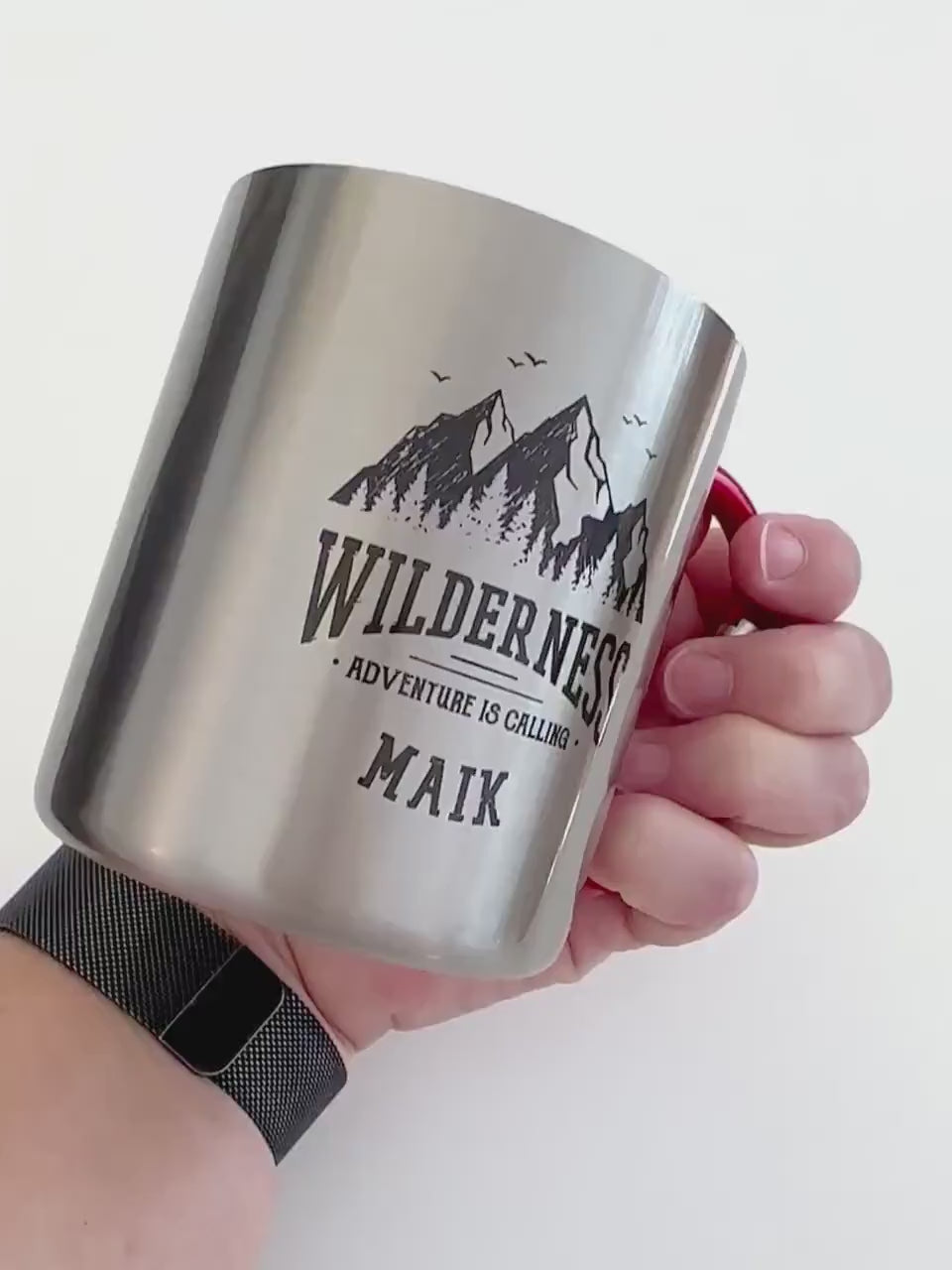 Personalisierte Outdoor Tasse für Camping Wandern | Edelstahl mit Karabiner | Karabinertasse
