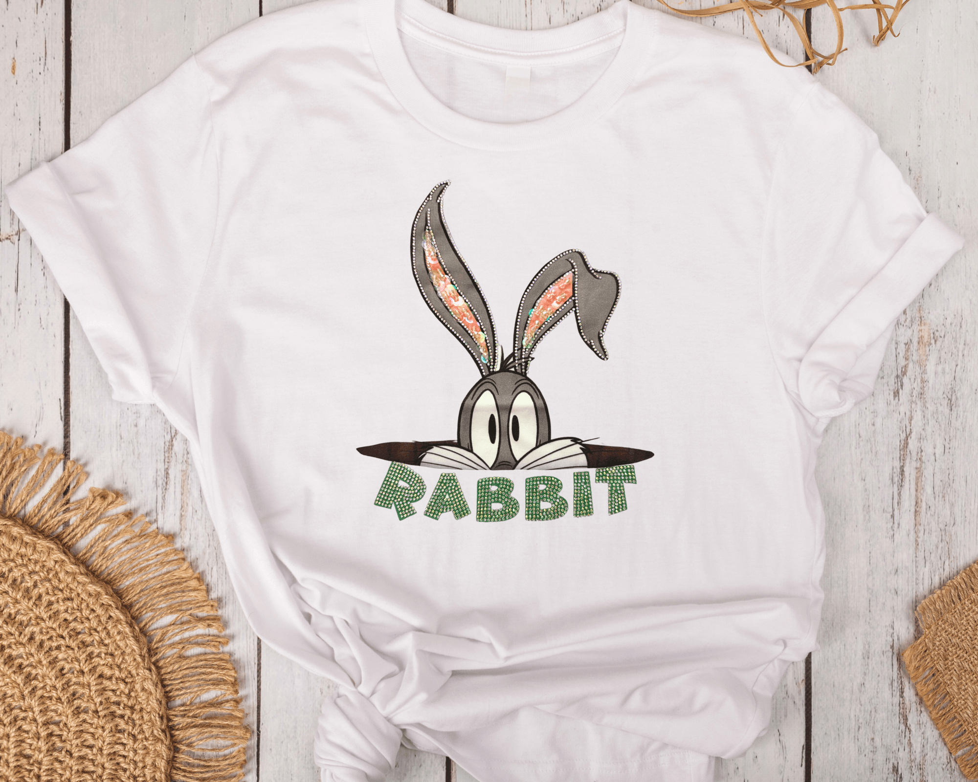 T-Shirt | Glitzer Hase | Rabbit | Strass | weiß - Roo's Gift Shop