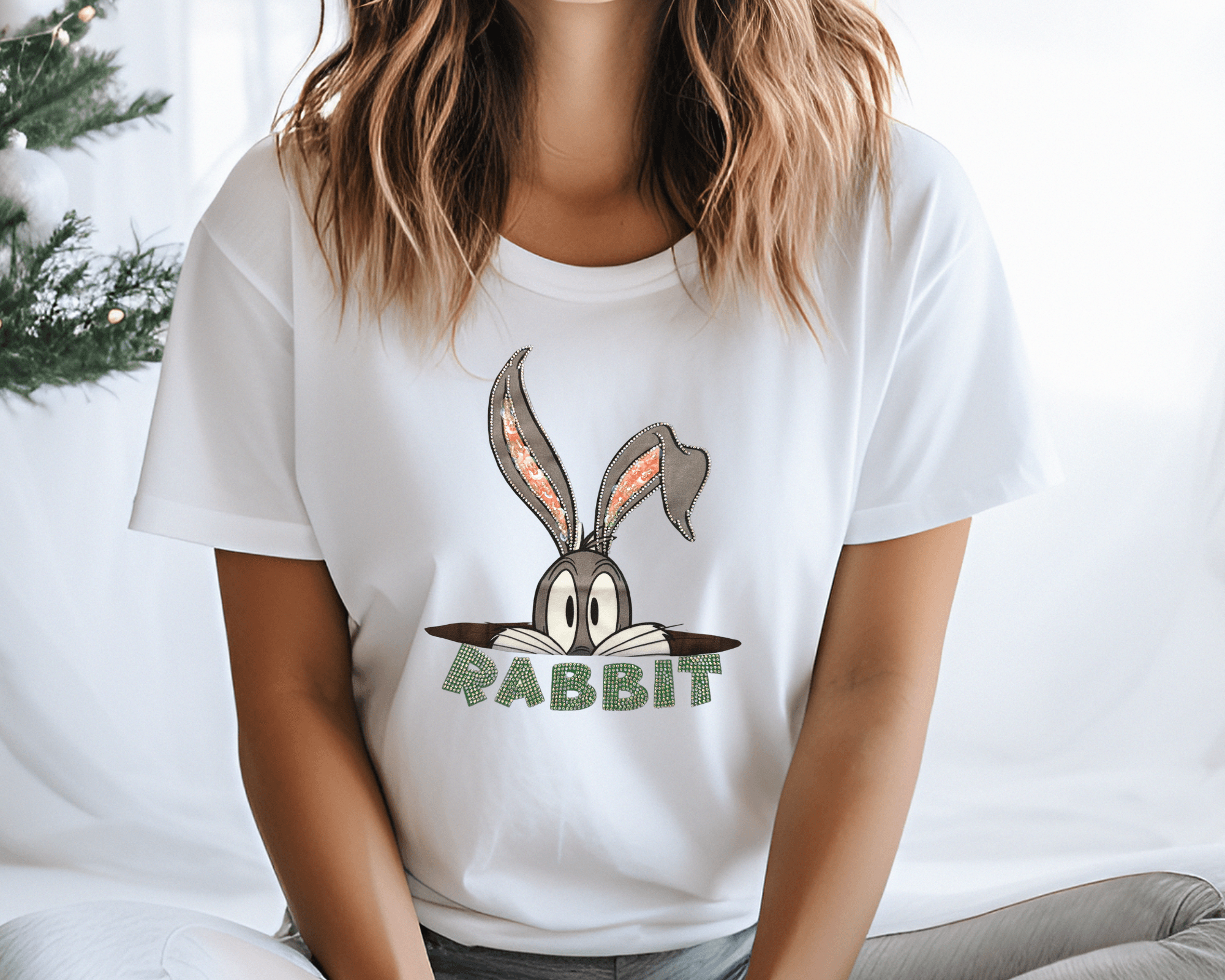 T-Shirt | Glitzer Hase | Rabbit | Strass | weiß - Roo's Gift Shop