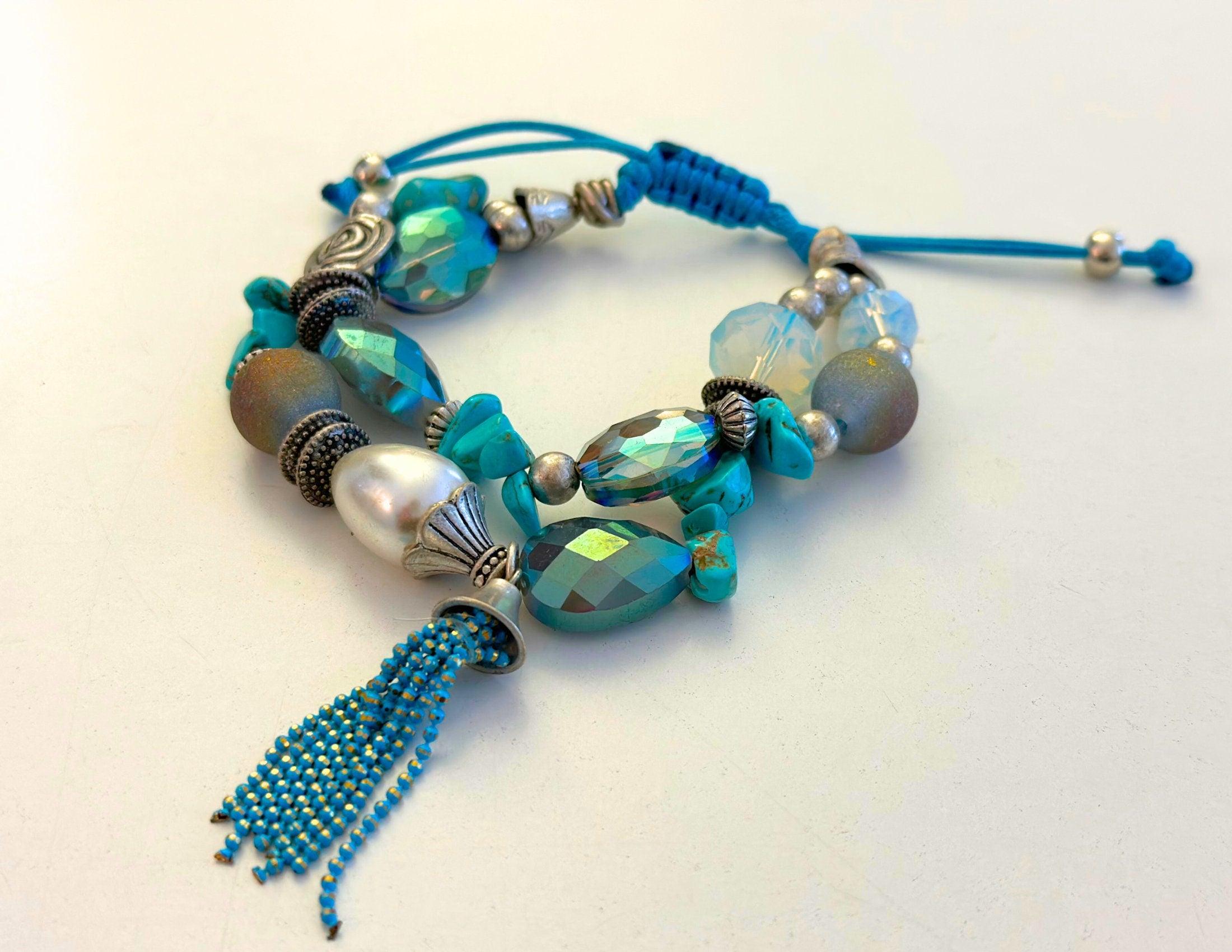 Armband | Ibiza Style | türkis silber | Makrameeknoten - Roo's Gift Shop