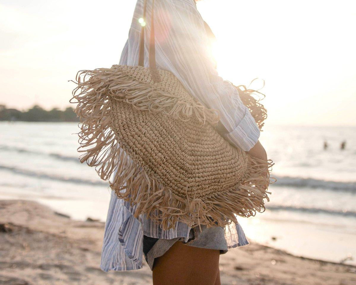 Beige Umhängetasche mit Fransen Strandtasche Einkaufstasche SUMBAWA - Roo's Gift Shop