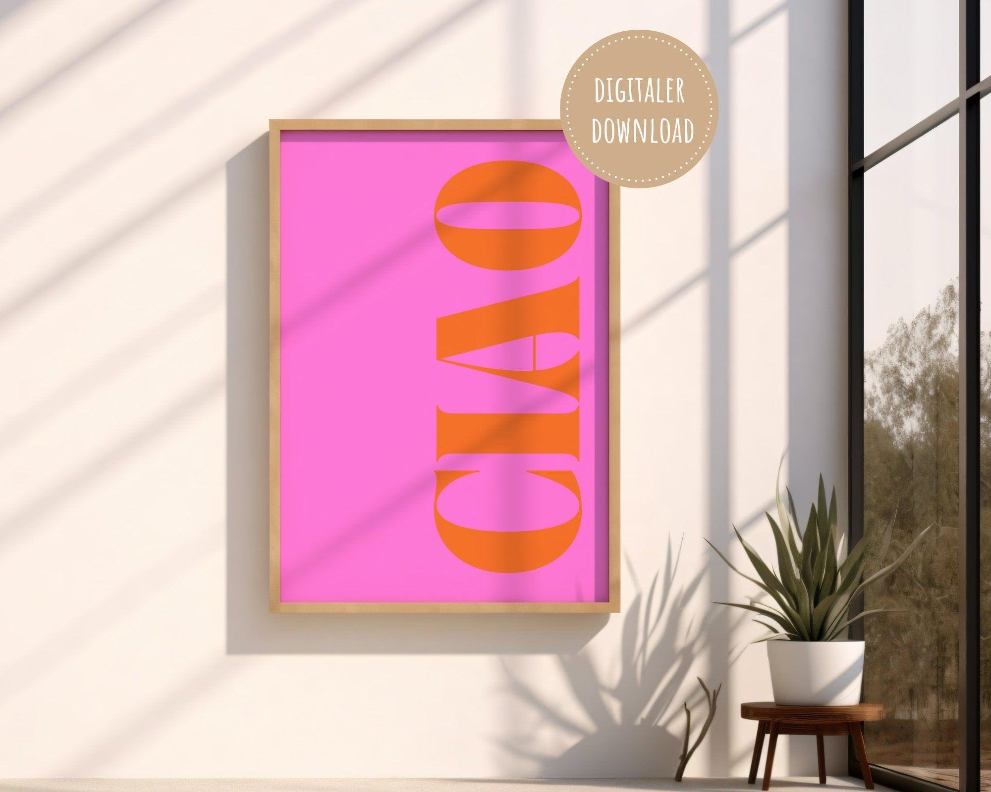 Ciao Typografie-Poster in Pink Orange | digitaler download - Roo's Gift Shop