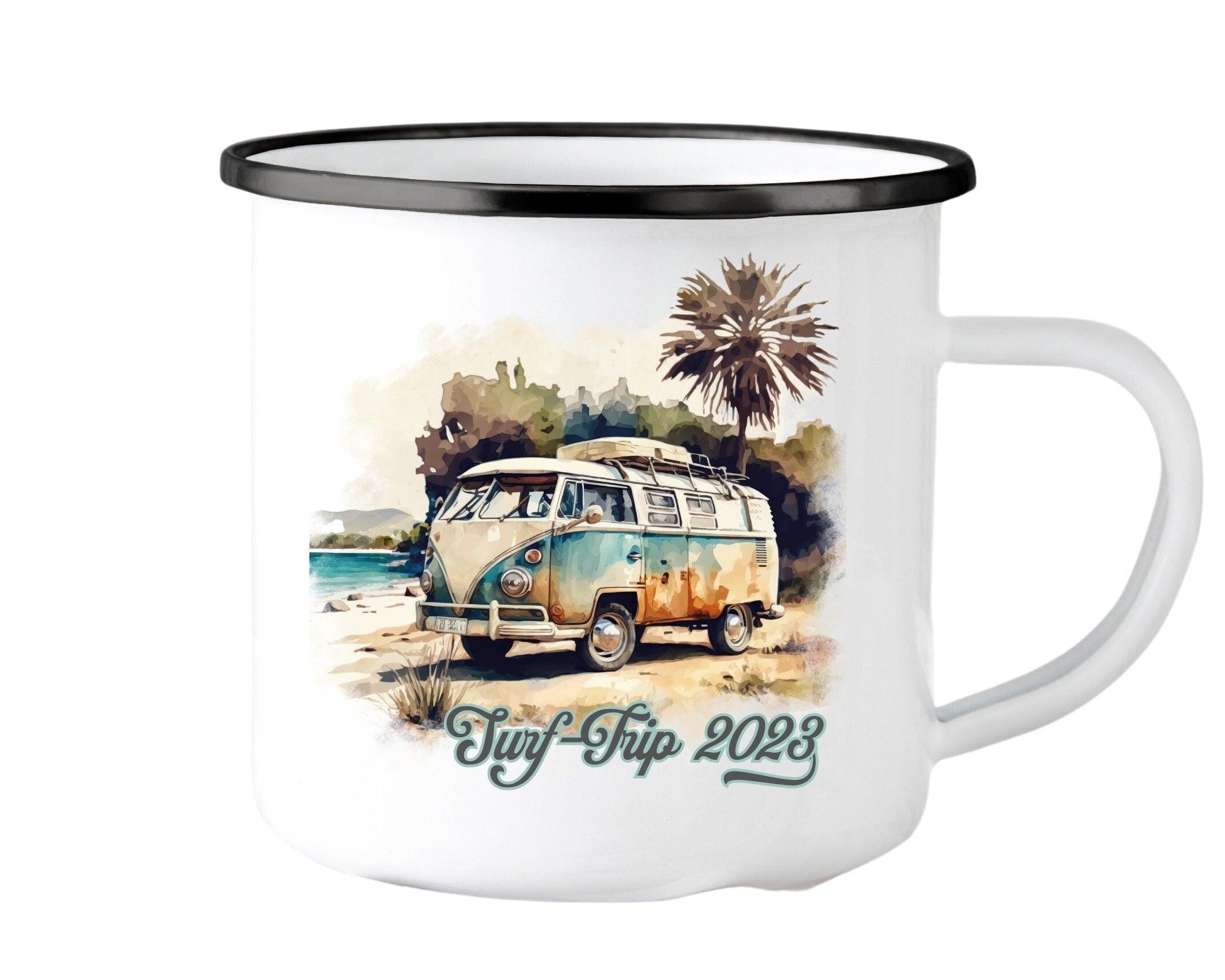 Emaille Tasse | Camping | personalisiert | Retro VW-Bulli - Roo's Gift Shop