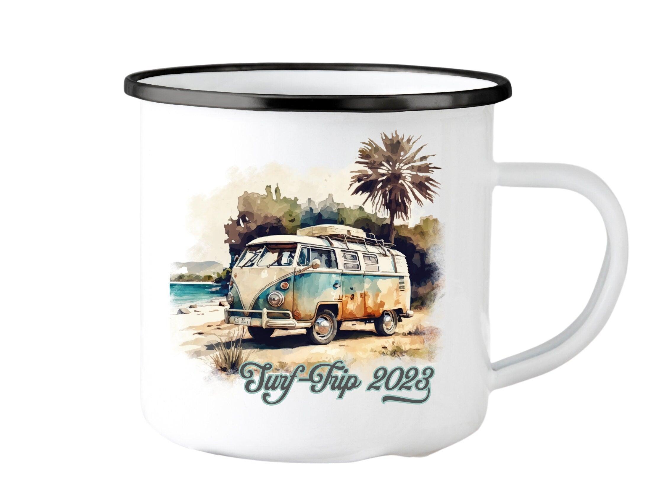 Emaille Tasse | Camping | personalisiert | Retro VW-Bulli - Roo's Gift Shop