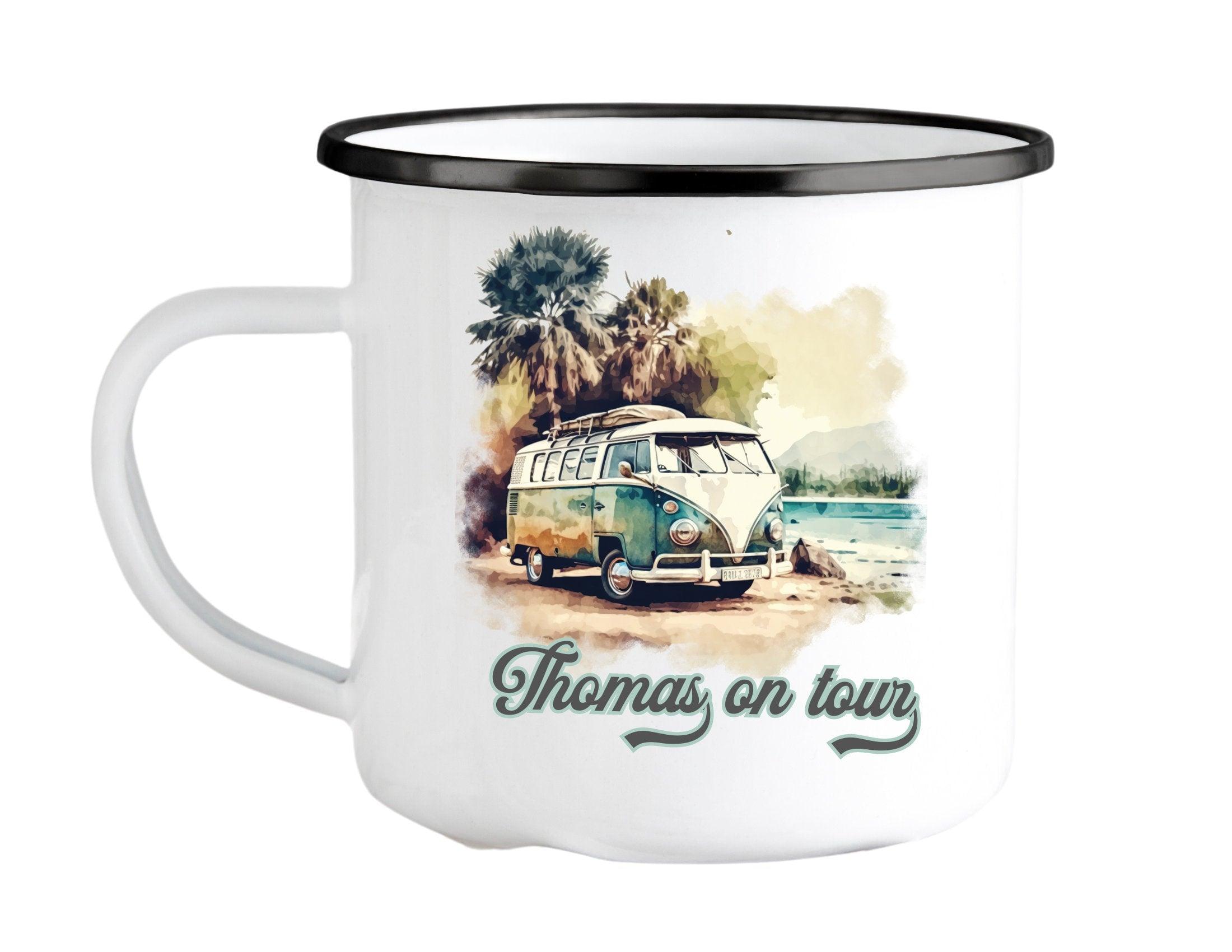 Emaille Tasse | Camping | personalisiert | Retro VW-Bulli - Roo's Gift Shop