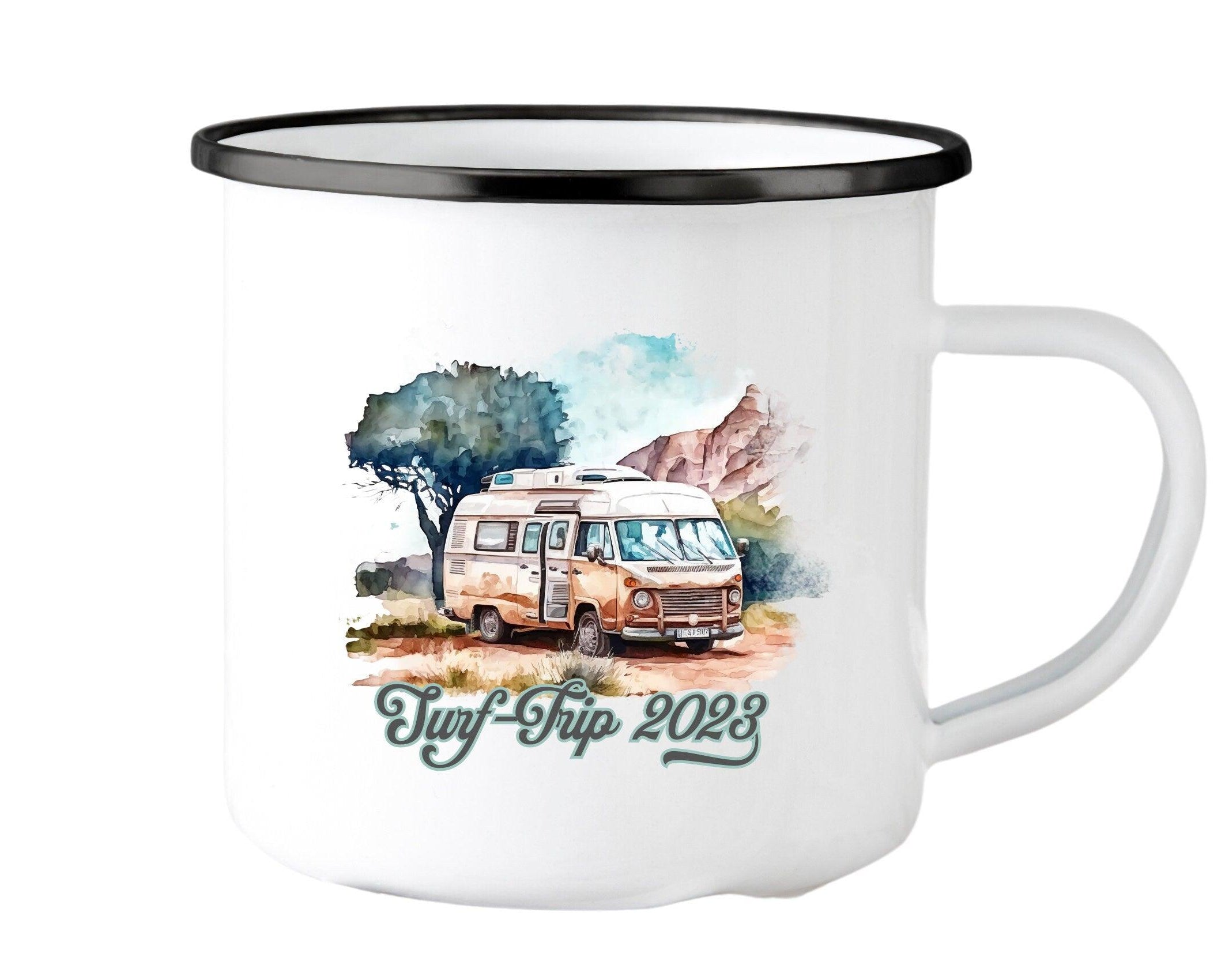 Emaille Tasse | Camping | personalisiert | Retro VW-Bulli - Roo's Gift Shop