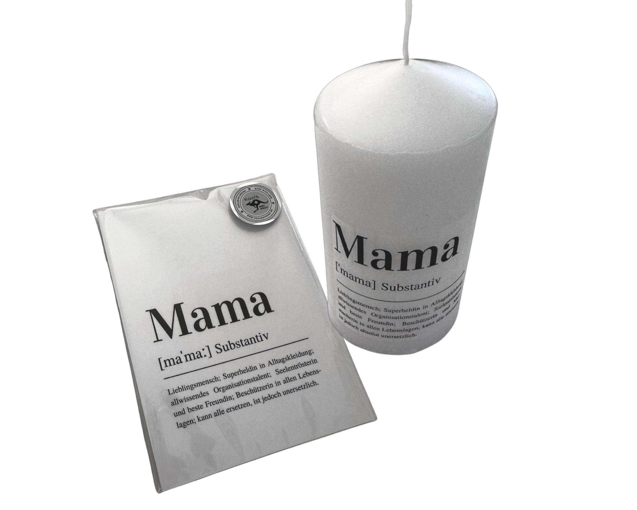 Kerze | Definition Mama | Muttertag | beschriftete Stumpenkerze & Mama-Karte
