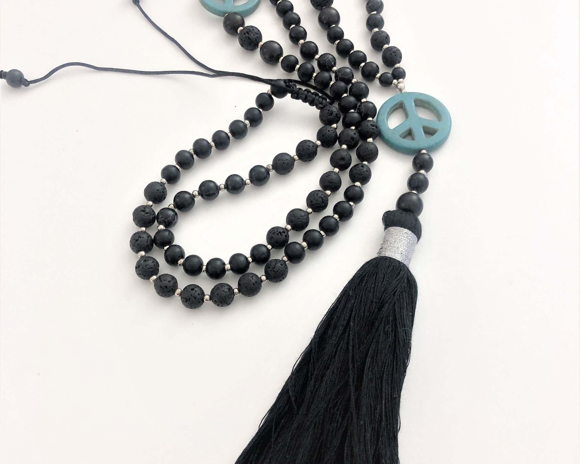 Kette | Perlen | Peace Zeichen | schwarz türkis - Roo's Gift Shop