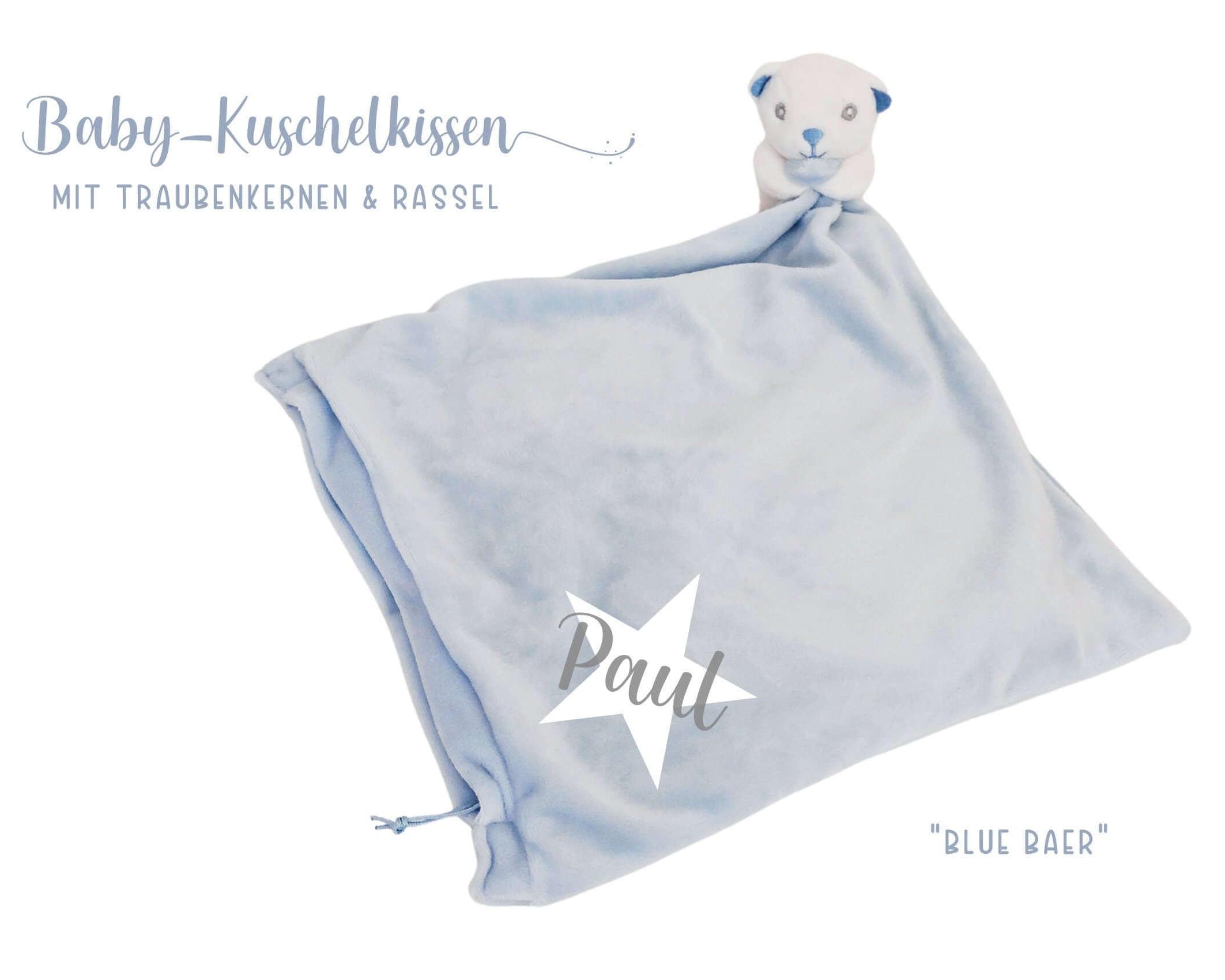 Kissen Bär | Rassel | hellblau | personalisierbar - Roo's Gift Shop