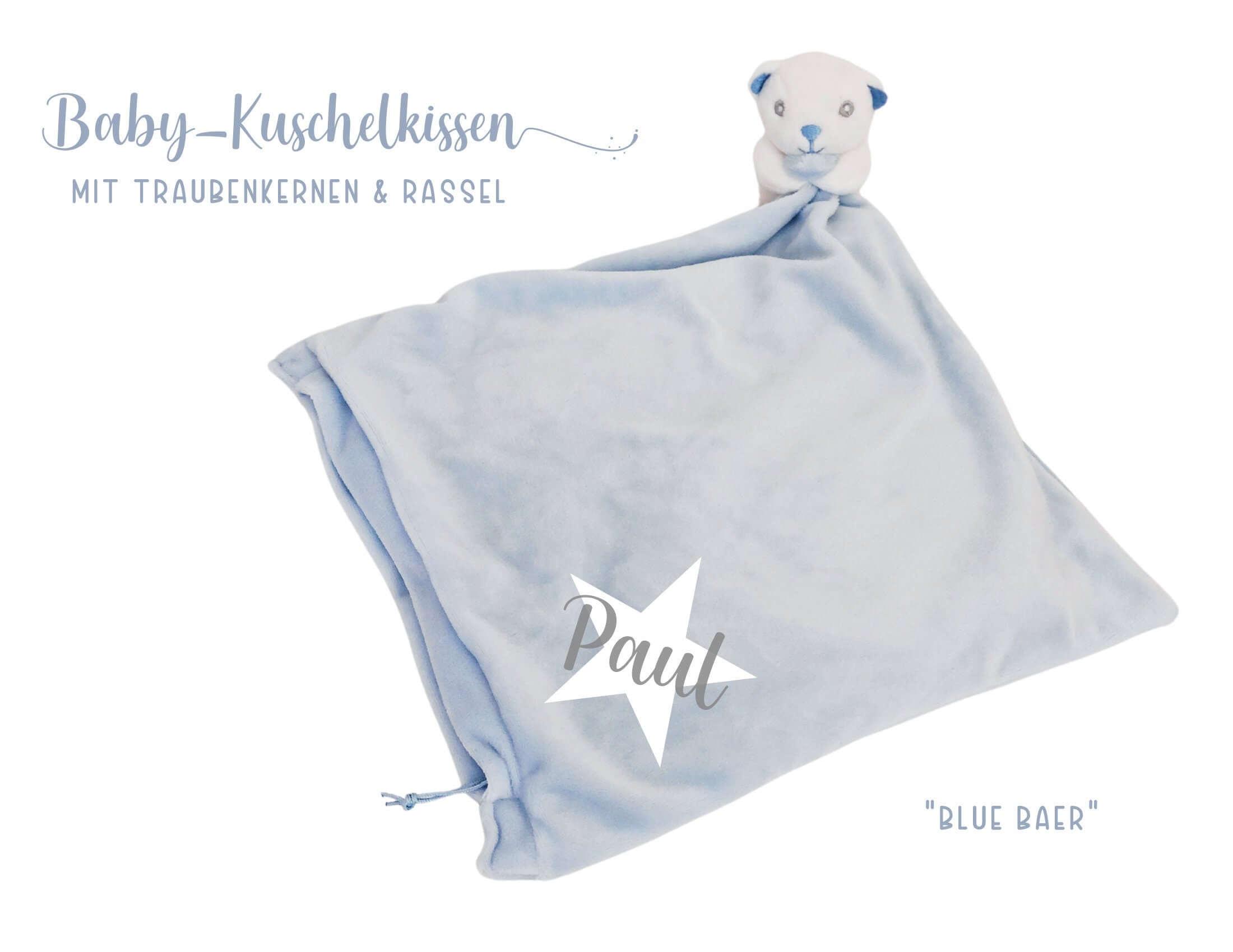 Kissen Bär | Rassel | hellblau | personalisierbar - Roo's Gift Shop