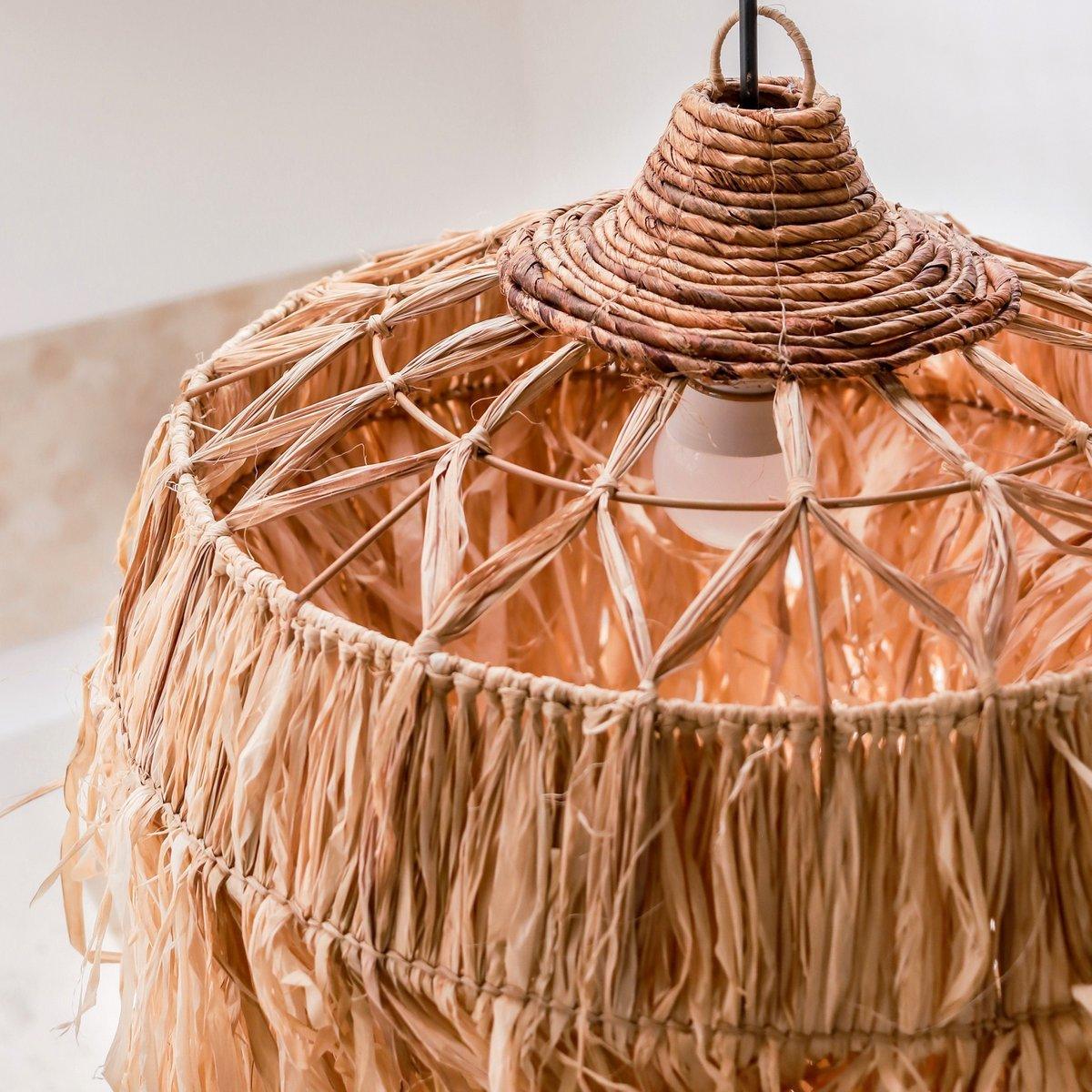 Lampe Raffia mit langen Fransen | Bast Lampenschirm Hängelampe | Boho - Roo's Gift Shop