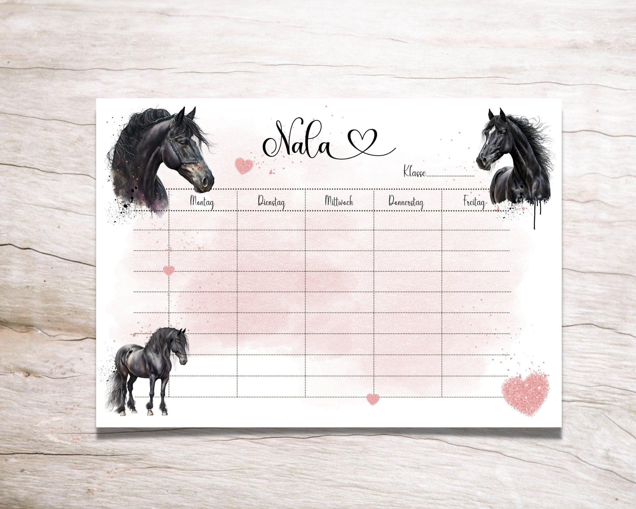 Personalisierter Stundenplan | schwarze Pferde | rosa Glitzer Herz | magnetisch und abwischbar | nachhaltig | auch zum Download - Roo's Gift Shop