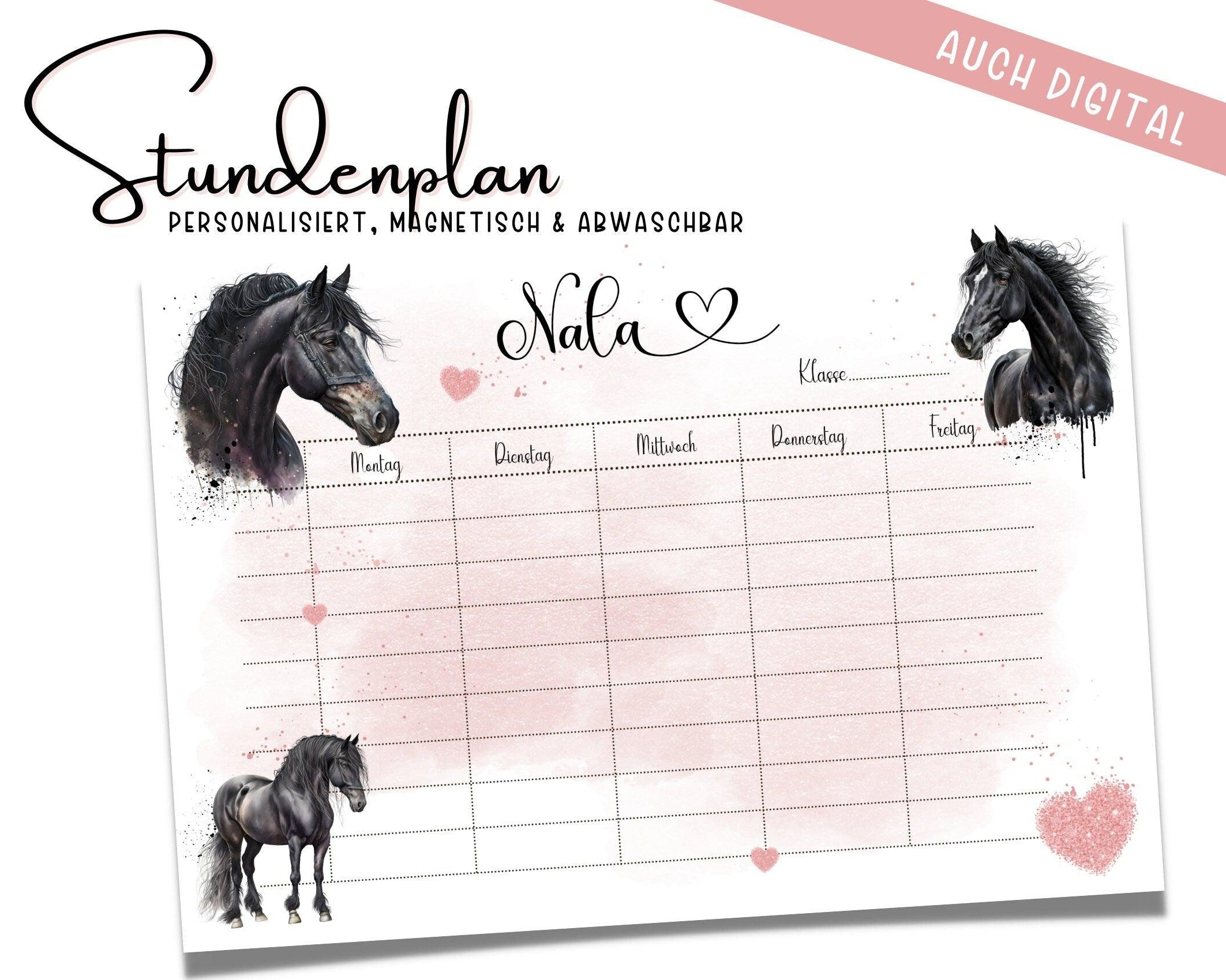 Personalisierter Stundenplan | schwarze Pferde | rosa Glitzer Herz | magnetisch und abwischbar | nachhaltig | auch zum Download - Roo's Gift Shop