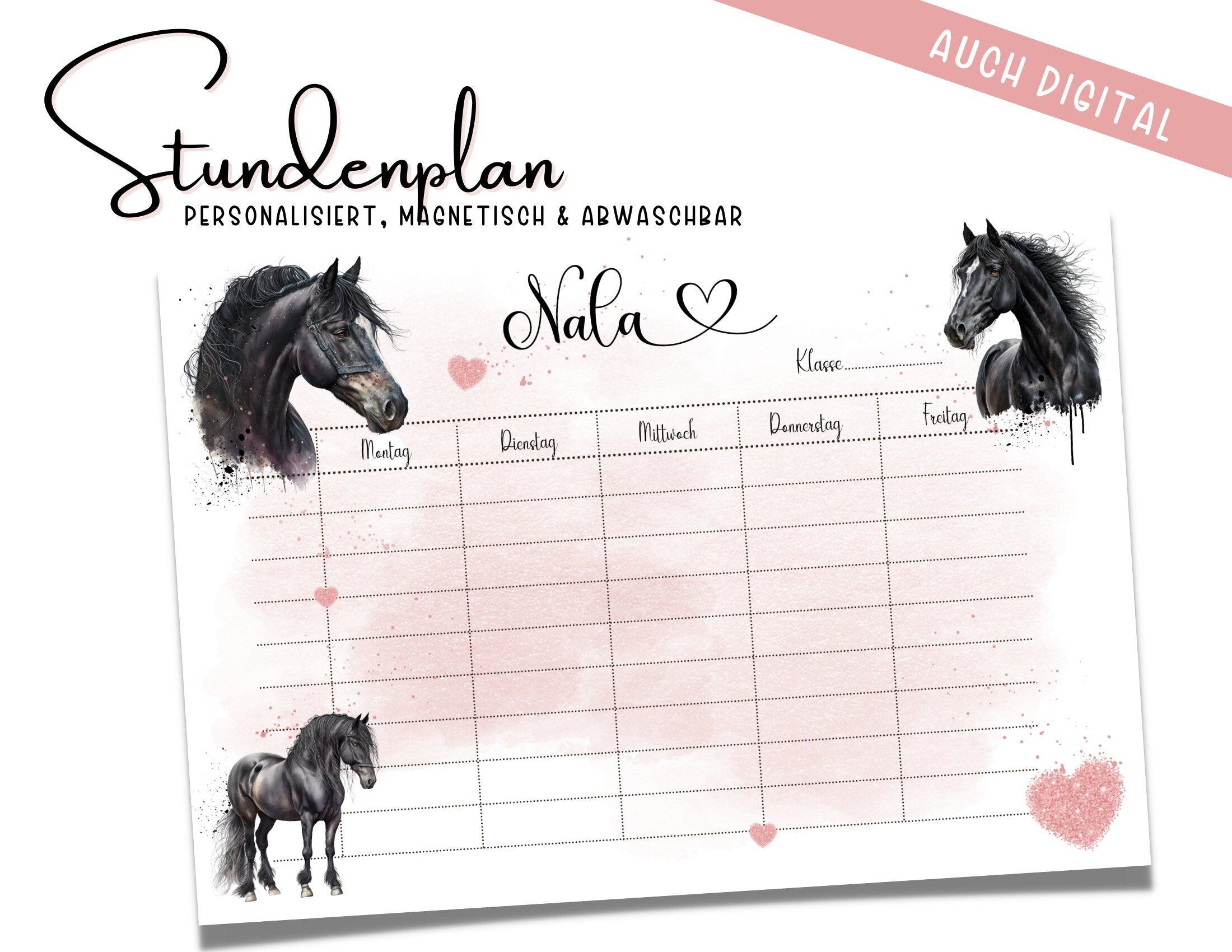 Personalisierter Stundenplan | schwarze Pferde | rosa Glitzer Herz | magnetisch und abwischbar | nachhaltig | auch zum Download - Roo's Gift Shop