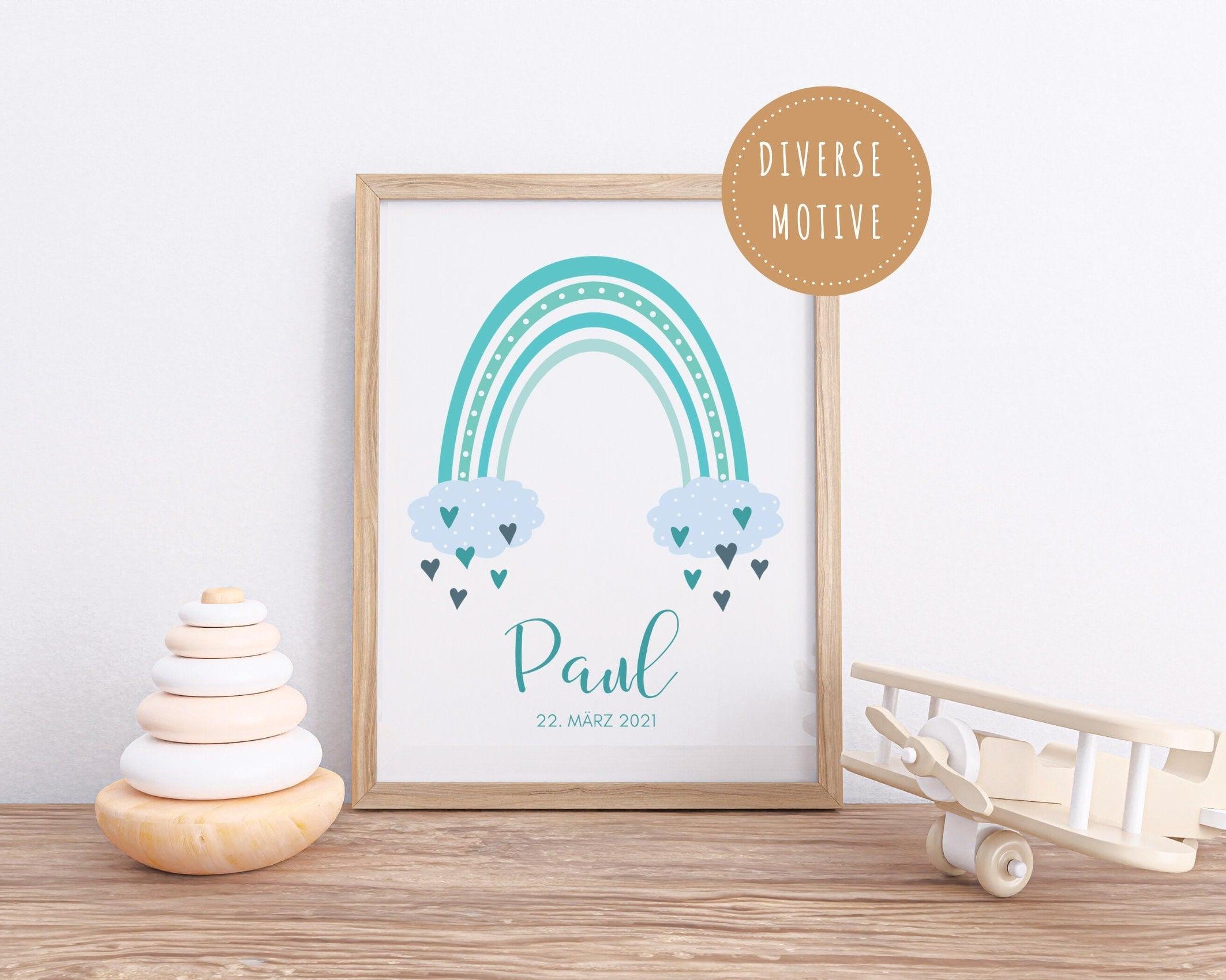 Poster Geburt | personalisierter Regenbogen blau - Roo's Gift Shop