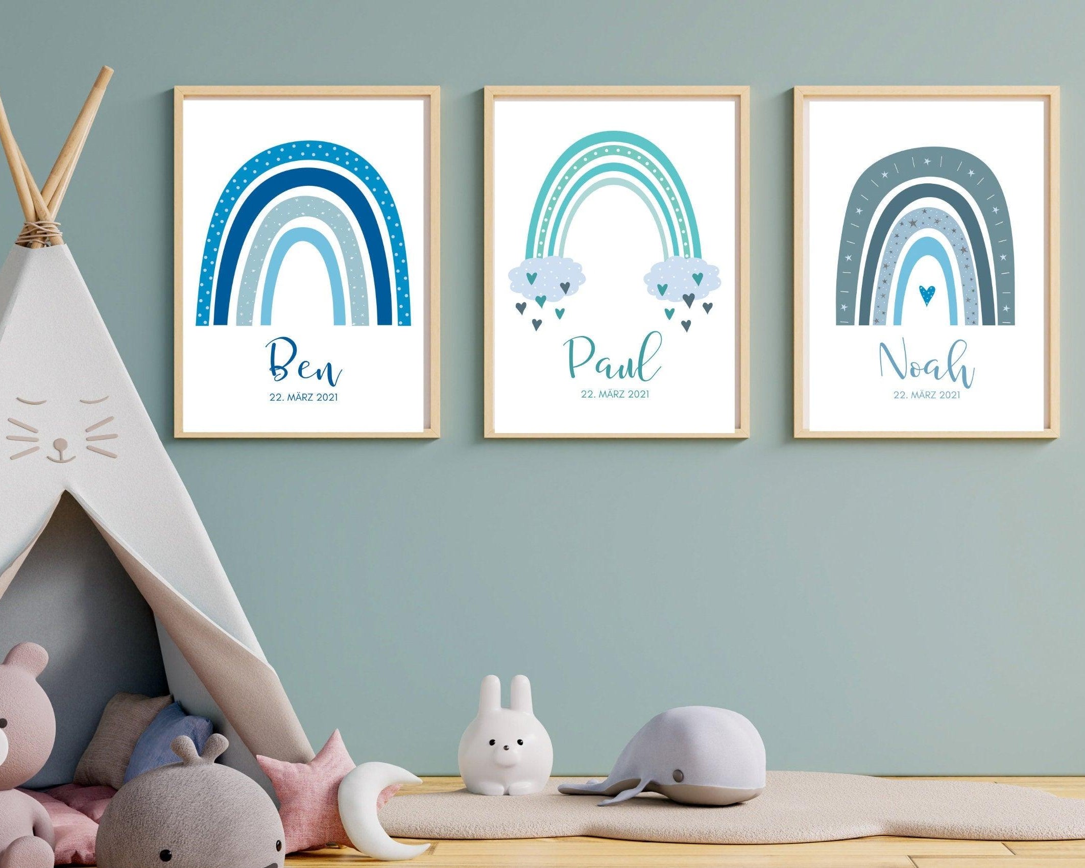 Poster Geburt | personalisierter Regenbogen blau - Roo's Gift Shop