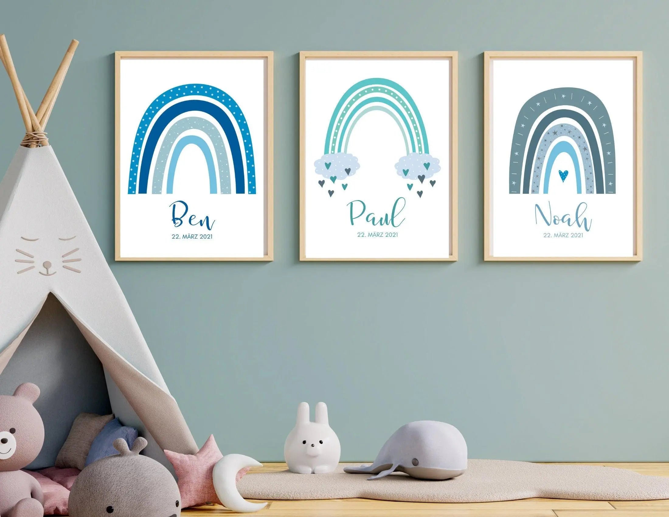 Poster Geburt | personalisierter Regenbogen blau - Roo's Gift Shop