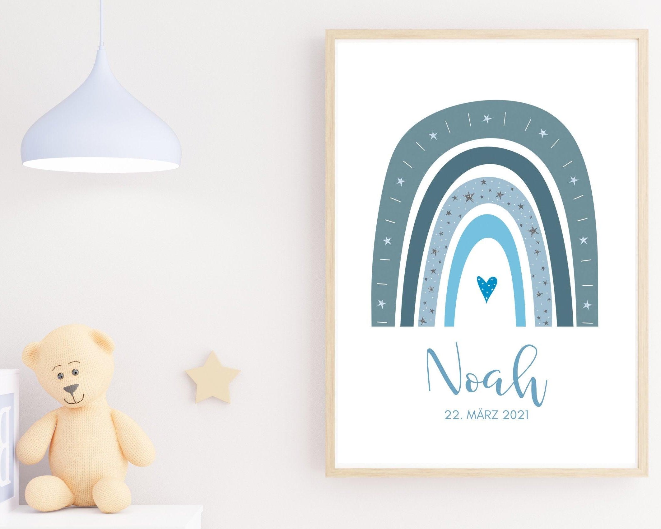 Poster Geburt | personalisierter Regenbogen blau - Roo's Gift Shop