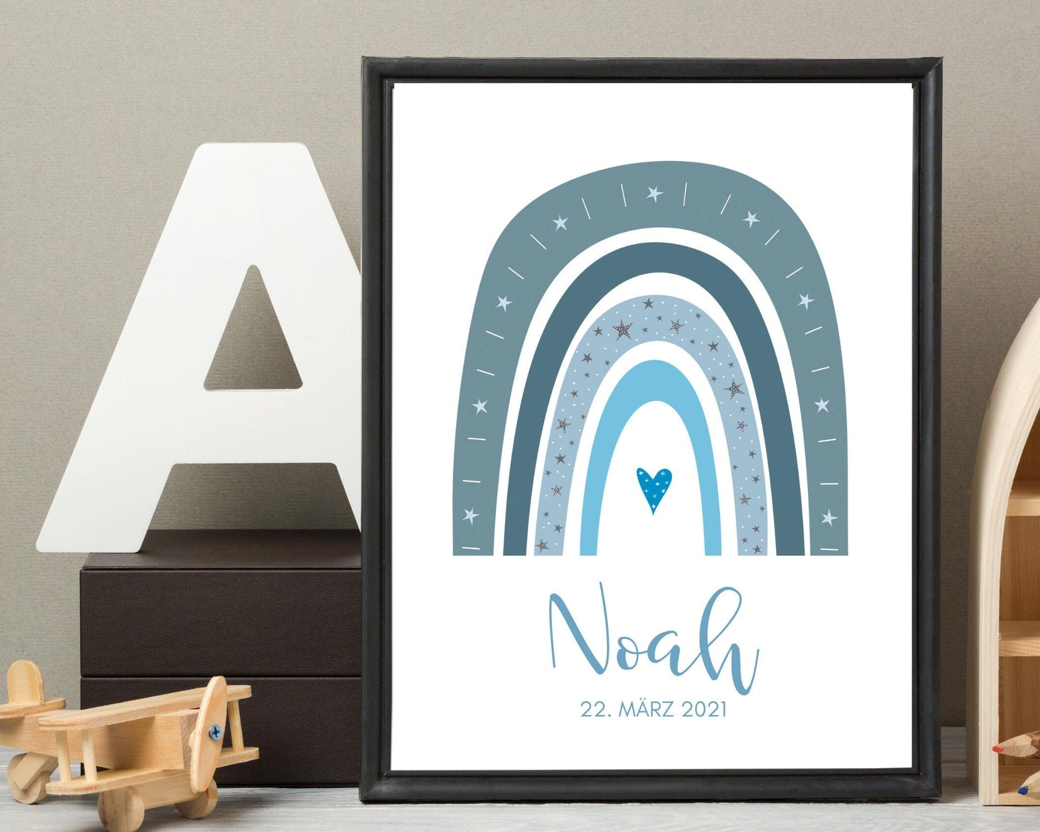 Poster Geburt | personalisierter Regenbogen blau - Roo's Gift Shop