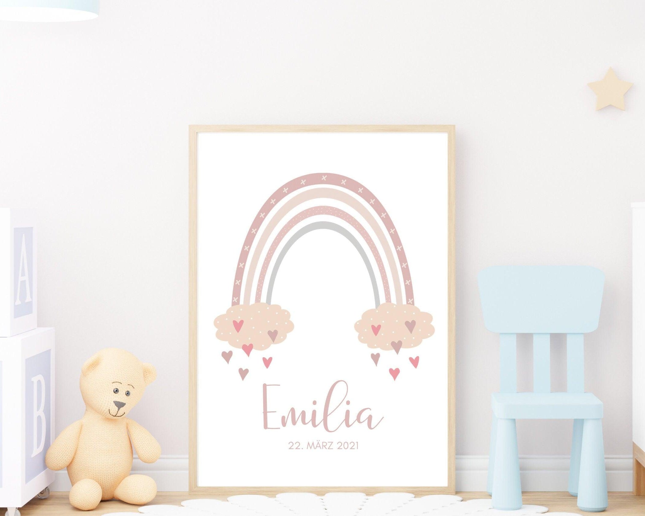Poster Geburt | personalisierter Regenbogen rosa - Roo's Gift Shop