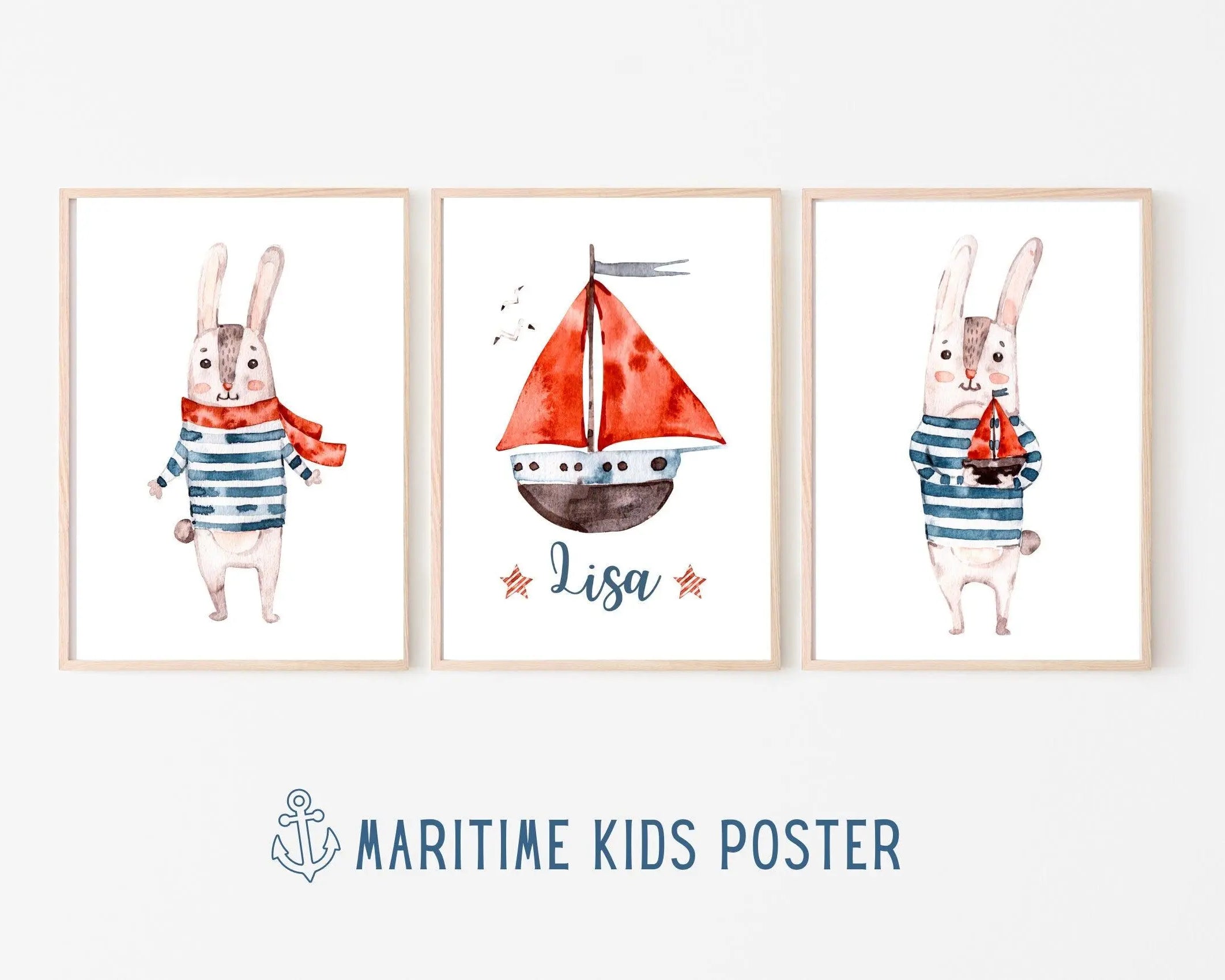Poster | Kids | maritime Hasen | personalisiert - Roo's Gift Shop