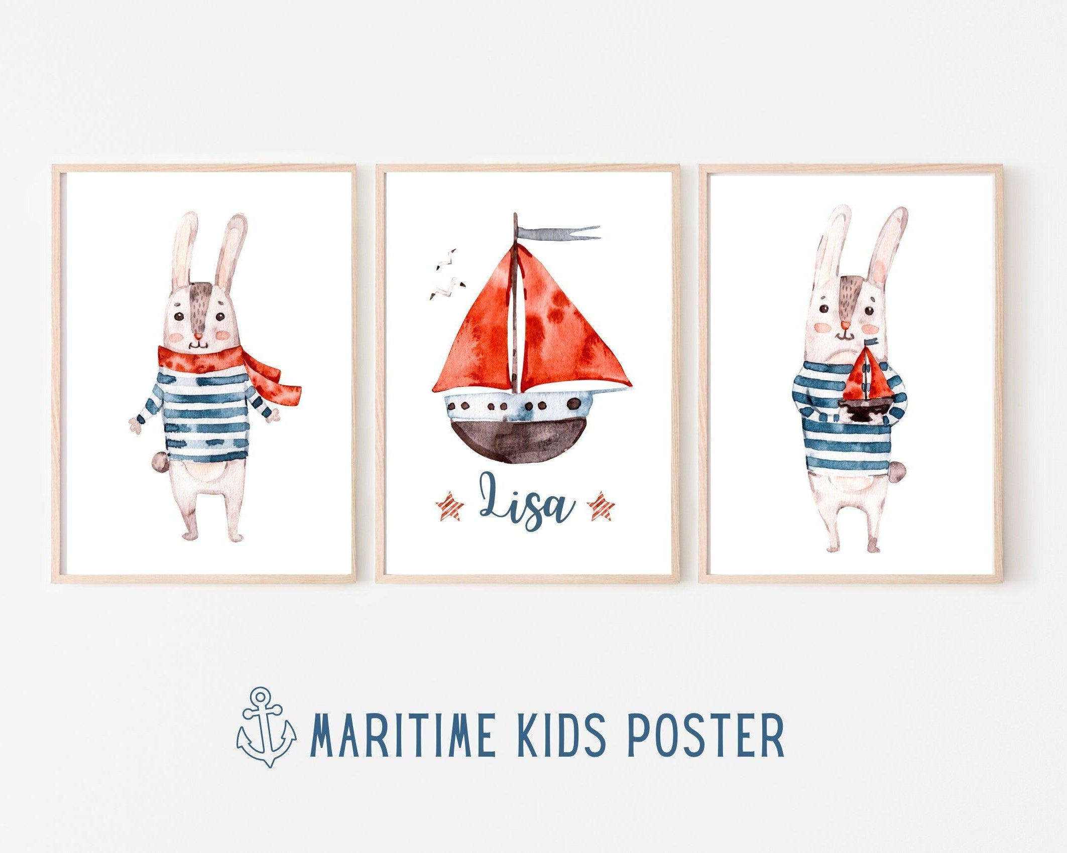 Poster | Kids | maritime Hasen | personalisiert - Roo's Gift Shop