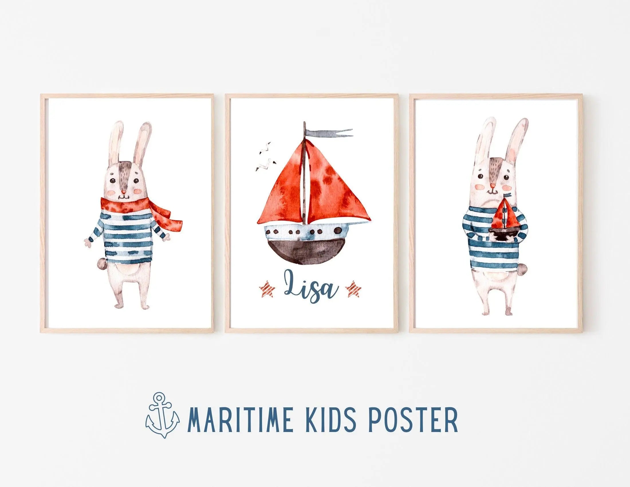 Poster | Kids | maritime Hasen | personalisiert - Roo's Gift Shop