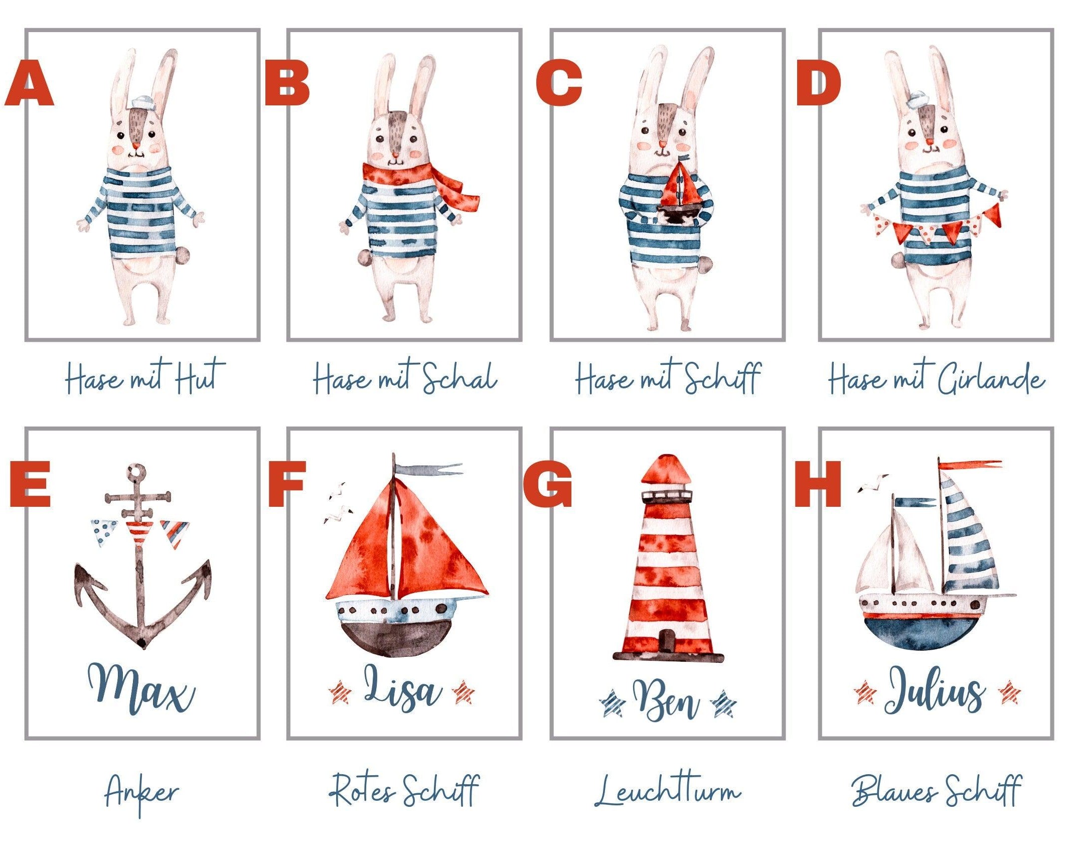 Poster | Kids | maritime Hasen | personalisiert - Roo's Gift Shop