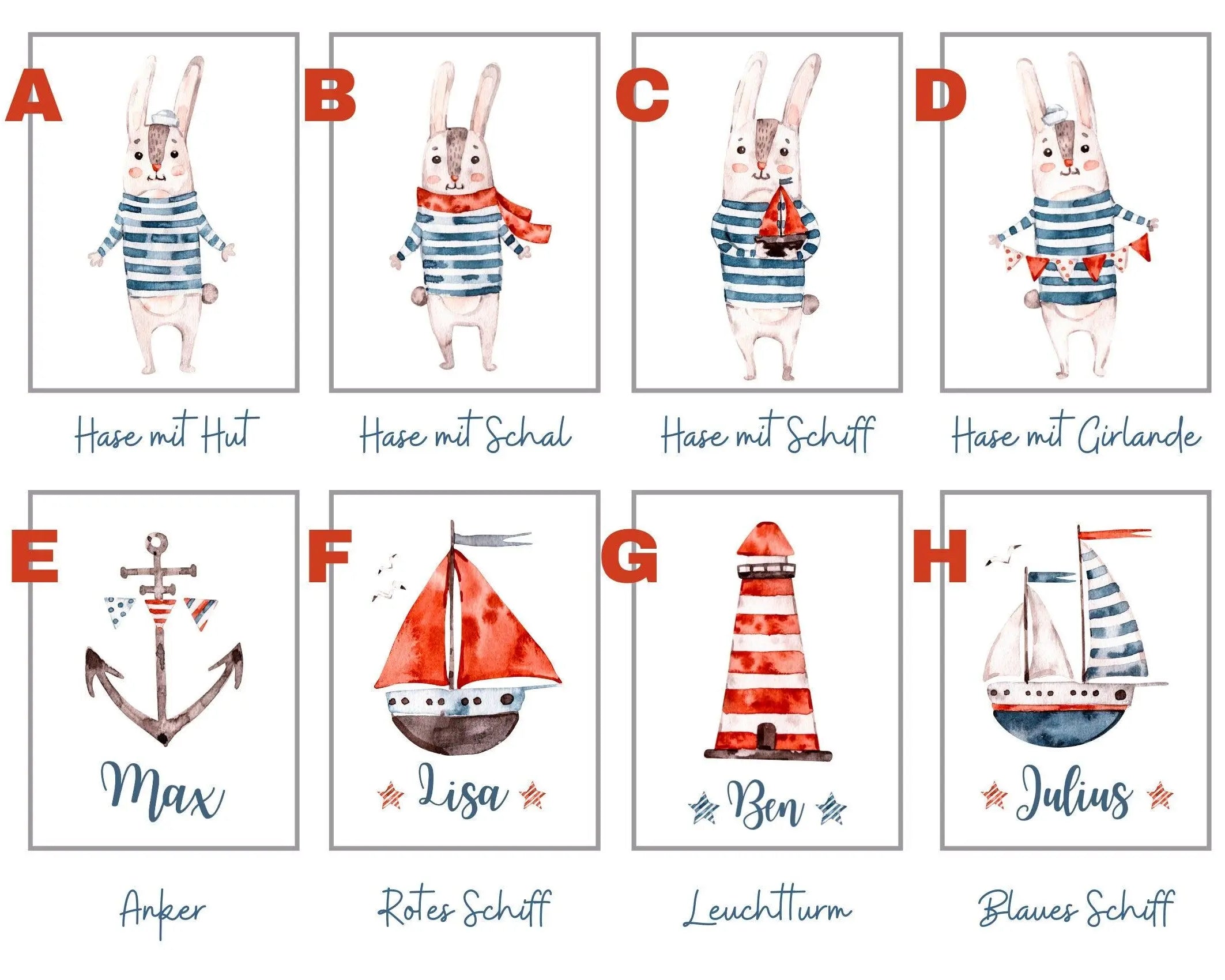Poster | Kids | maritime Hasen | personalisiert - Roo's Gift Shop