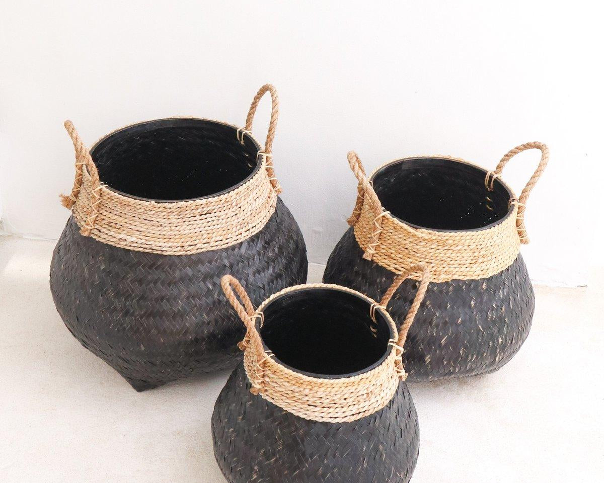 Schwarzer Pflanzkorb BENOA arz) | Korb aus Bambus & Seegras (3 Größen) - Roo's Gift Shop