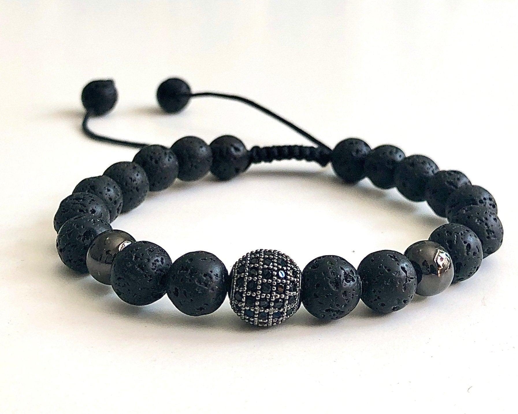 Schwarzes Armband Lavaperlen | Zirkonia Perle | Männer Schmuck - Roo's Gift Shop