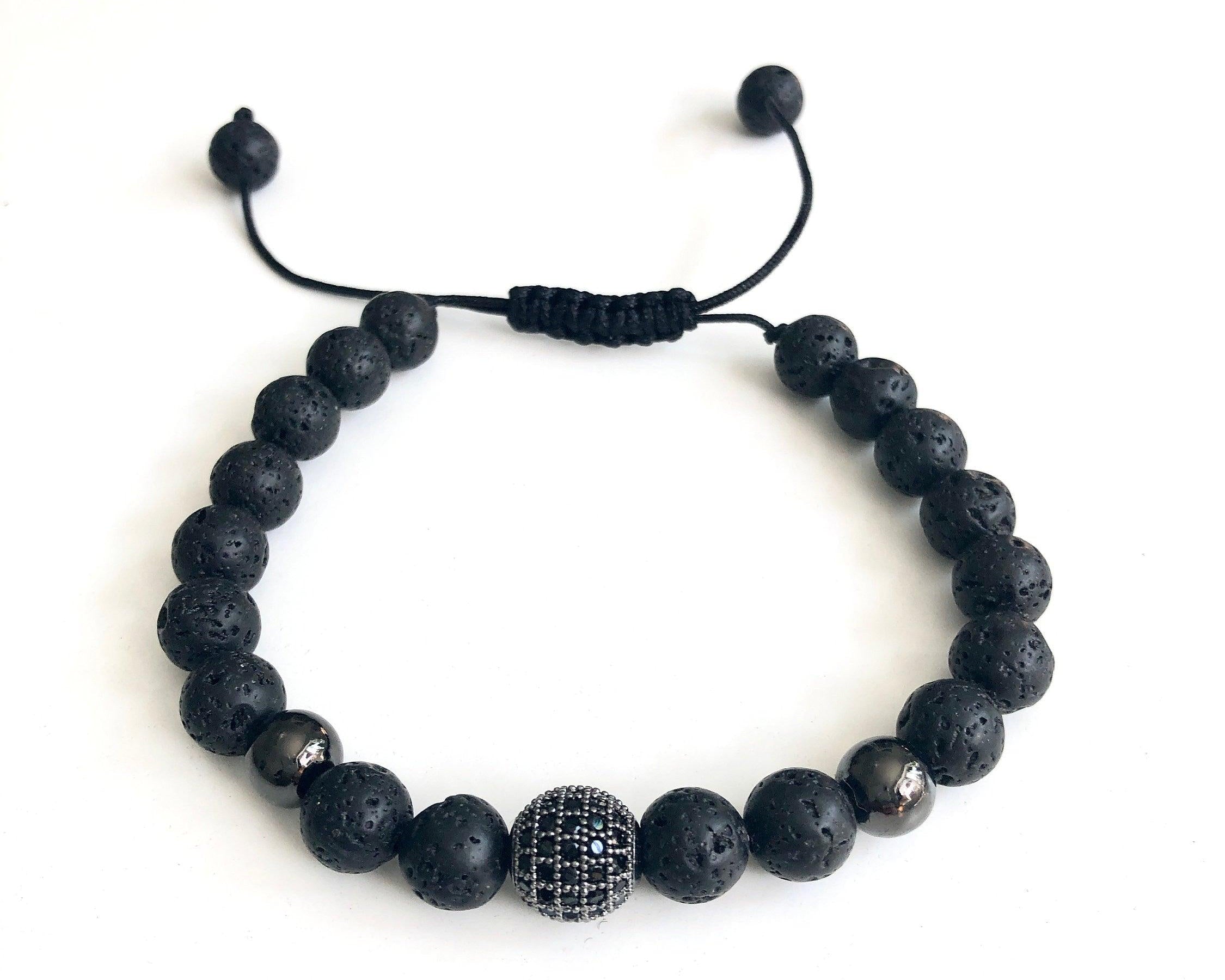 Schwarzes Armband Lavaperlen | Zirkonia Perle | Männer Schmuck - Roo's Gift Shop