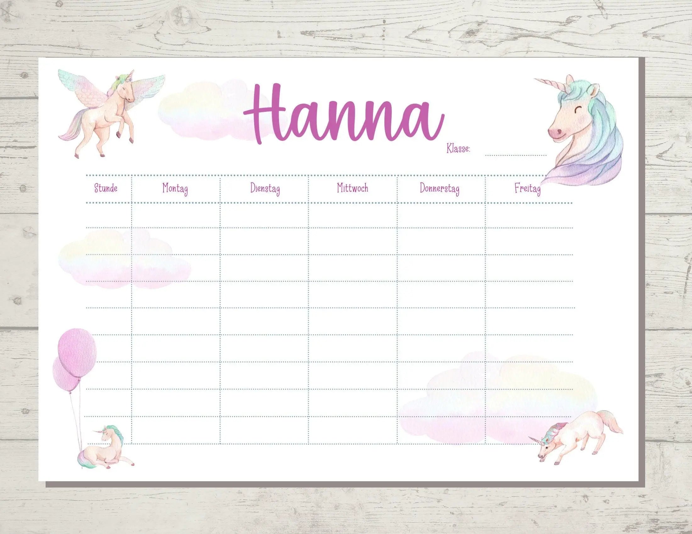 Stundenplan | personalisiert | Einhorn rosa - Roo's Gift Shop
