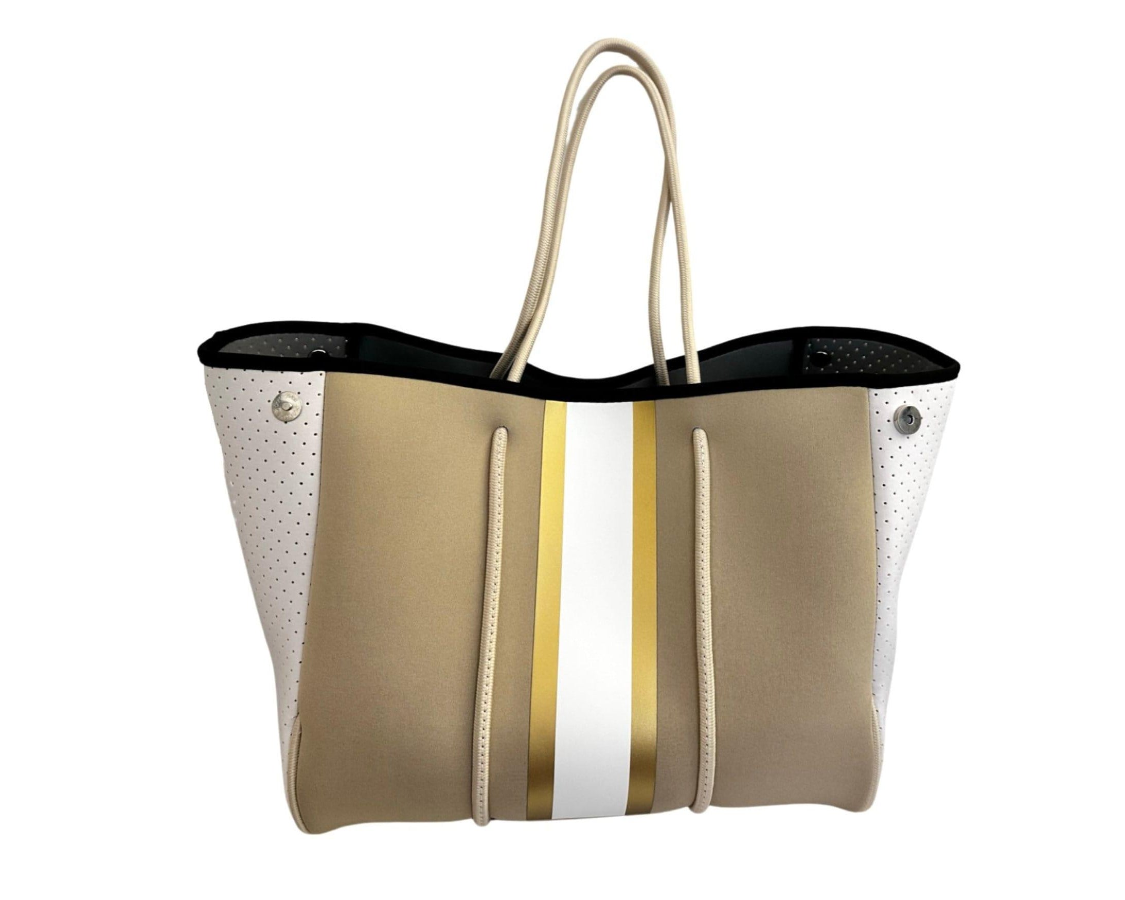 Tasche | Neopren | beige weiß gold | Streifen - Roo's Gift Shop