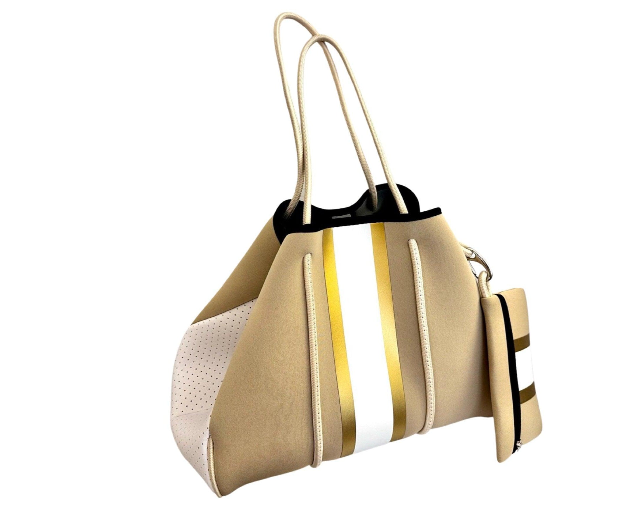 Tasche | Neopren | beige weiß gold | Streifen - Roo's Gift Shop