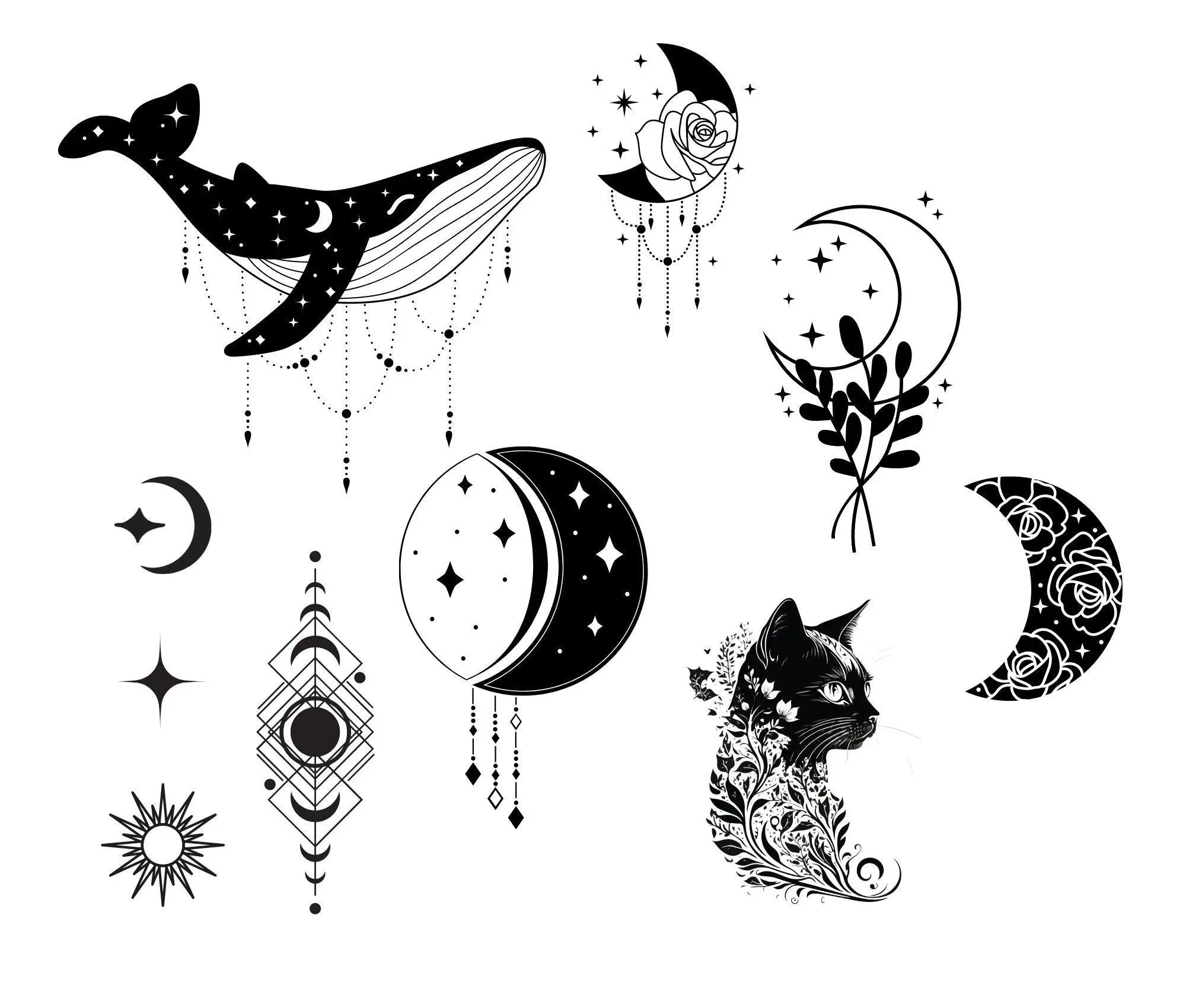Tattoo | temporär | Set Wal, Mond, Katze - Roo's Gift Shop