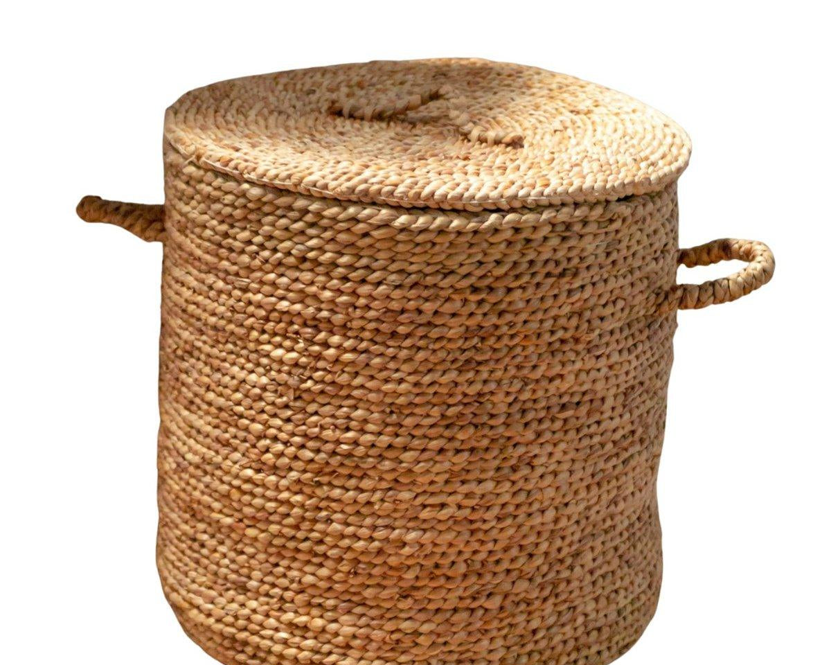 Wäschekorb AMAN | Großer Deckelkorb Ø54 cm aus Wasserhyazinthe | Boho - Roo's Gift Shop